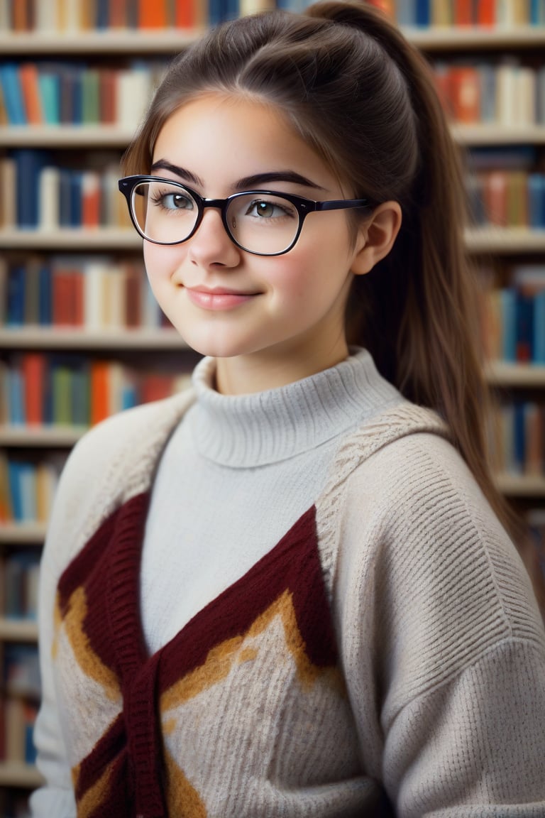 al3x girl, 16 years old with a nerdy appearance, wearing glasses and holding a stack of books, standing in a library. She has a shy but confident smile, her hair tied up in a loose bun, and she’s dressed in a slightly oversized sweater and jeans. There’s a subtle hint of her transformation to a more glamorous look, as if she’s about to take off her glasses and let her hair down, revealing her hidden beauty. The background is filled with bookshelves, adding to the academic atmosphere. shallow depth of field, bokeh, highly detailed, realistic,photorealistic