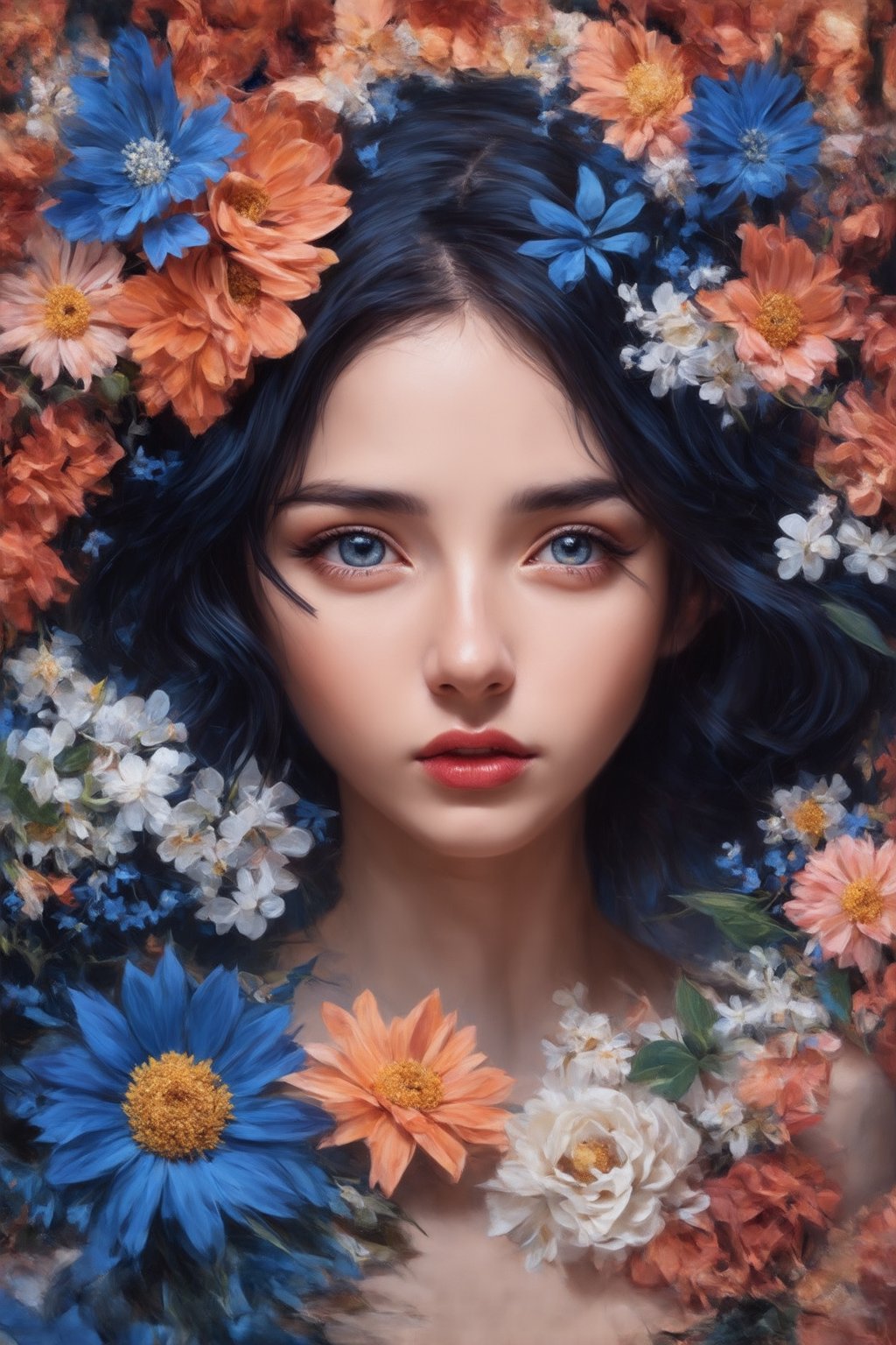 A captivating digital art portrait of a young woman surrounded by a vibrant array of flowers. Her wavy, dark blue hair frames her face, blending seamlessly with the floral elements around her. The flowers, in shades of orange, blue, and white, create a striking contrast against her pale skin. She gazes directly at the viewer with an intense, almost ethereal expression. The intricate details of the petals and leaves intertwine with her hair, giving the impression that she is one with nature. The overall composition is both delicate and dramatic, evoking a sense of mystery and enchantment, FuturEvoLabStyle, 