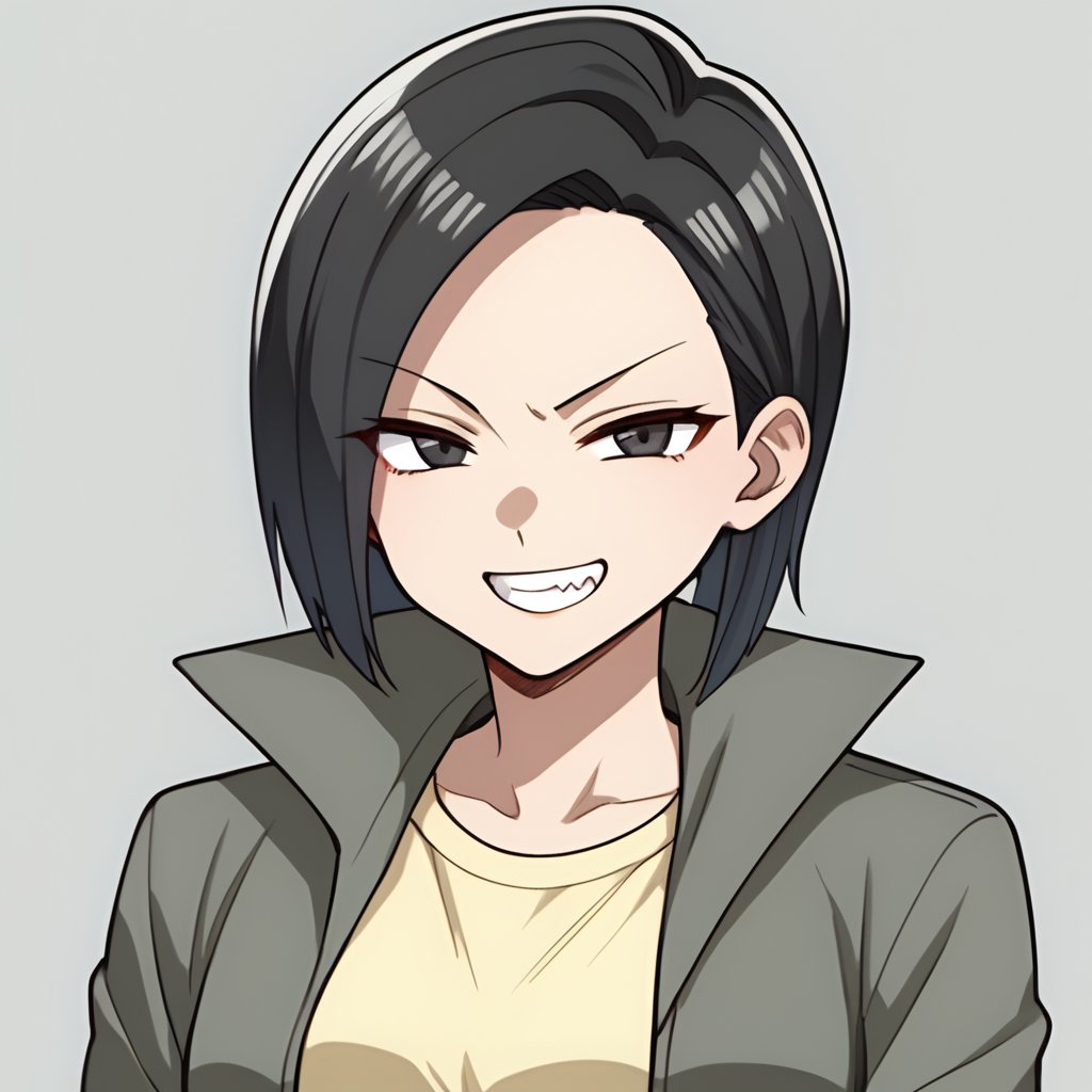 score_9, score_8_up, score_7_up, 1girl, solo, karin_(etra_chan_saw_it), black hair, black eyes, yellow shirt, jacket, open jacket, green jacket, smile, grin, teeth, v-shaped eyebrows, half-closed eyes, looking at viewer, simple background, upper body