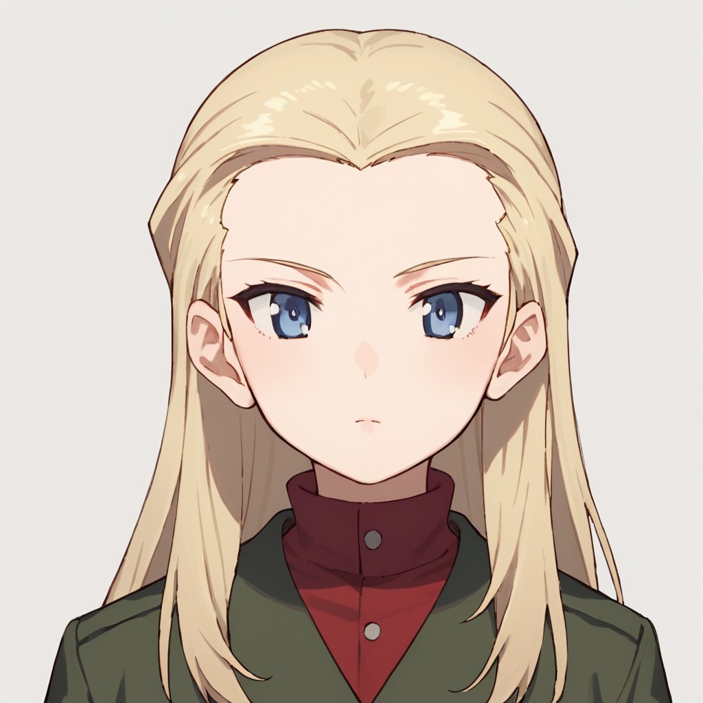 score_9, score_8_up, score_7_up, 1girl, solo, klaragup, 
blonde hair, long hair, blue eyes, red shirt, green jacket, turtleneck, long sleeves, school uniform, military, simple background, upper body, SUPERQUALITY