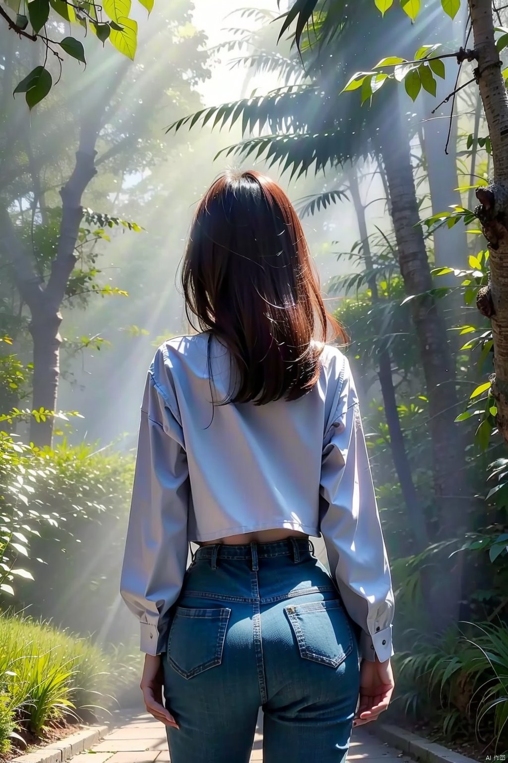 1girl,against_tree,bush,dappled_sunlight,day,facing_away,fence,foliage,forest,from_behind,garden,grass,ivy,jungle,long_hair,long_sleeves,nature,outdoors,overgrown,palm_tree,pants,park,path,plant,purple_hair,road,shirt,sky,solo,standing,sunlight,tree,tree_shade,under_tree,wavy_hair,,