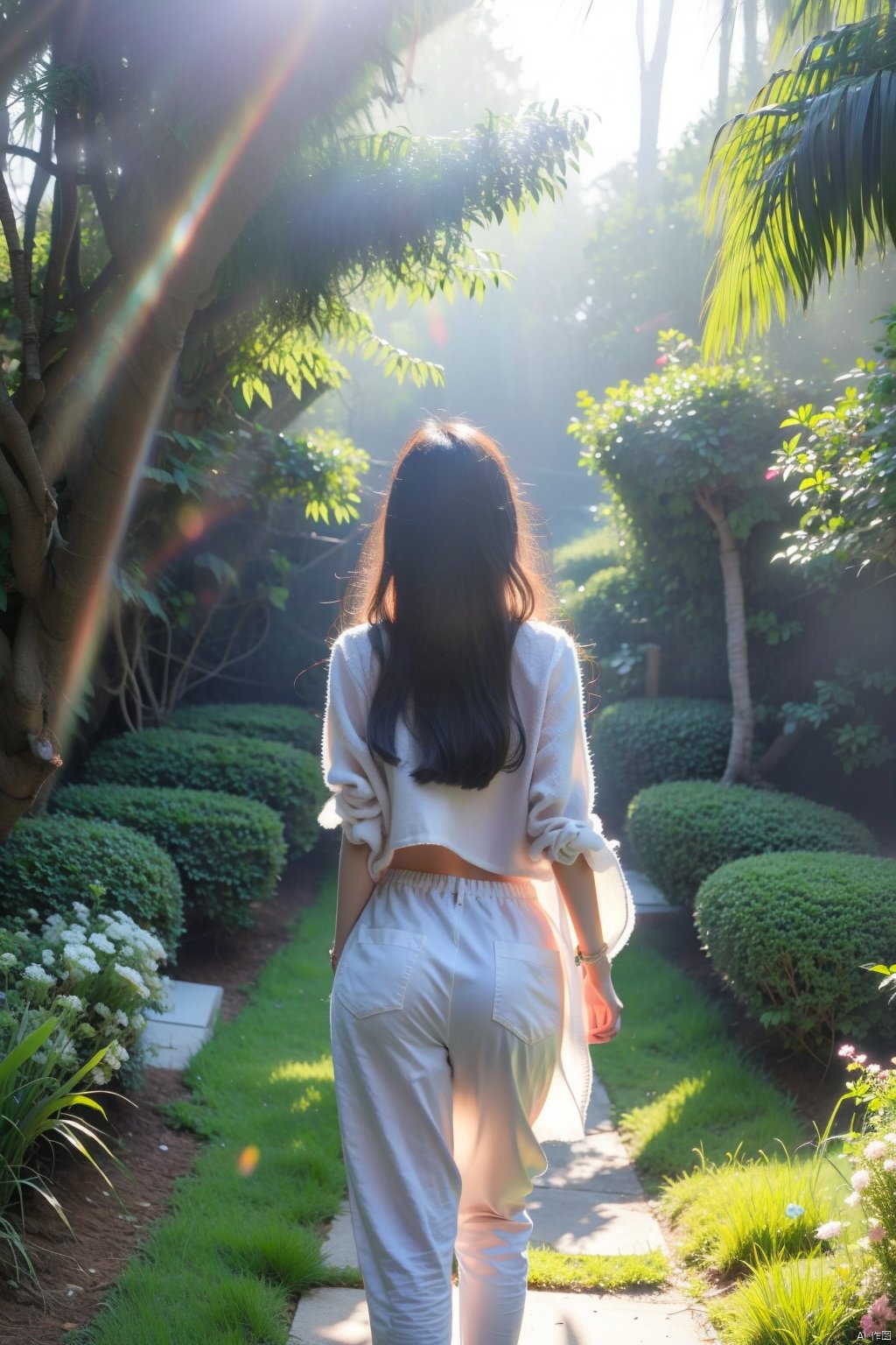 1girl,against_tree,bush,dappled_sunlight,day,facing_away,fence,foliage,forest,from_behind,garden,grass,ivy,jungle,long_hair,long_sleeves,nature,outdoors,overgrown,palm_tree,pants,park,path,plant,purple_hair,road,shirt,sky,solo,standing,sunlight,tree,tree_shade,under_tree,wavy_hair,,