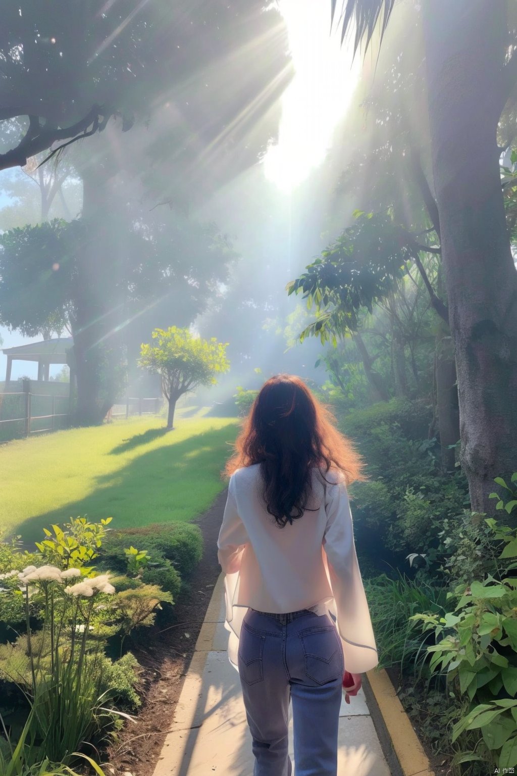 1girl,against_tree,bush,dappled_sunlight,day,facing_away,fence,foliage,forest,from_behind,garden,grass,ivy,jungle,long_hair,long_sleeves,nature,outdoors,overgrown,palm_tree,pants,park,path,plant,purple_hair,road,shirt,sky,solo,standing,sunlight,tree,tree_shade,under_tree,wavy_hair,,