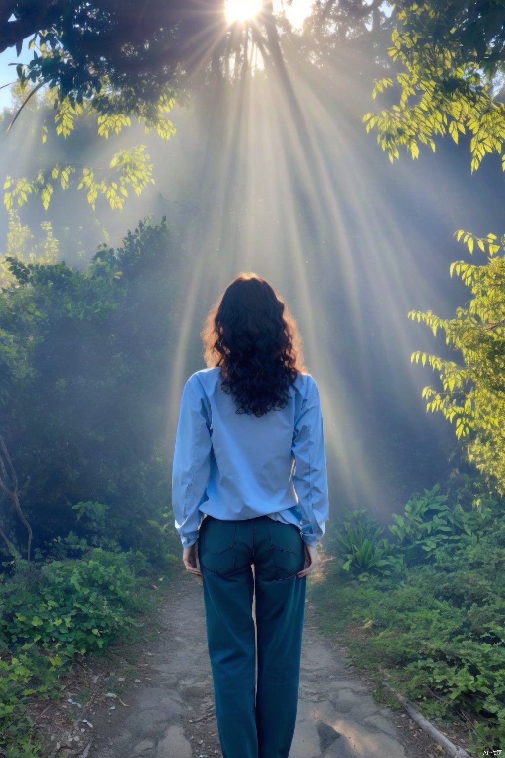 1girl,against_tree,bush,dappled_sunlight,day,facing_away,fence,foliage,forest,from_behind,garden,grass,ivy,jungle,long_hair,long_sleeves,nature,outdoors,overgrown,palm_tree,pants,park,path,plant,purple_hair,road,shirt,sky,solo,standing,sunlight,tree,tree_shade,under_tree,wavy_hair,,