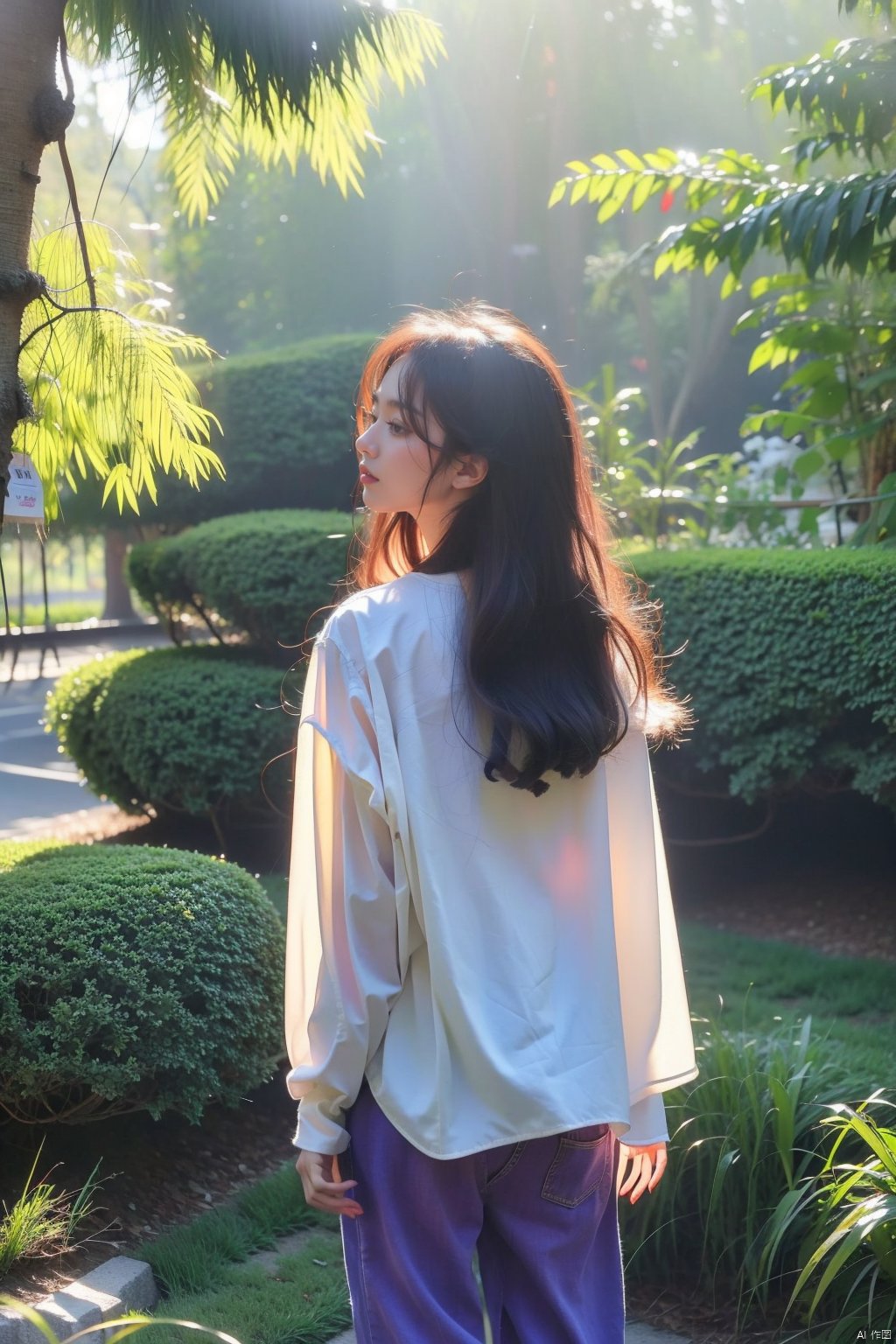 1girl,against_tree,bush,dappled_sunlight,day,facing_away,fence,foliage,forest,from_behind,garden,grass,ivy,jungle,long_hair,long_sleeves,nature,outdoors,overgrown,palm_tree,pants,park,path,plant,purple_hair,road,shirt,sky,solo,standing,sunlight,tree,tree_shade,under_tree,wavy_hair,,