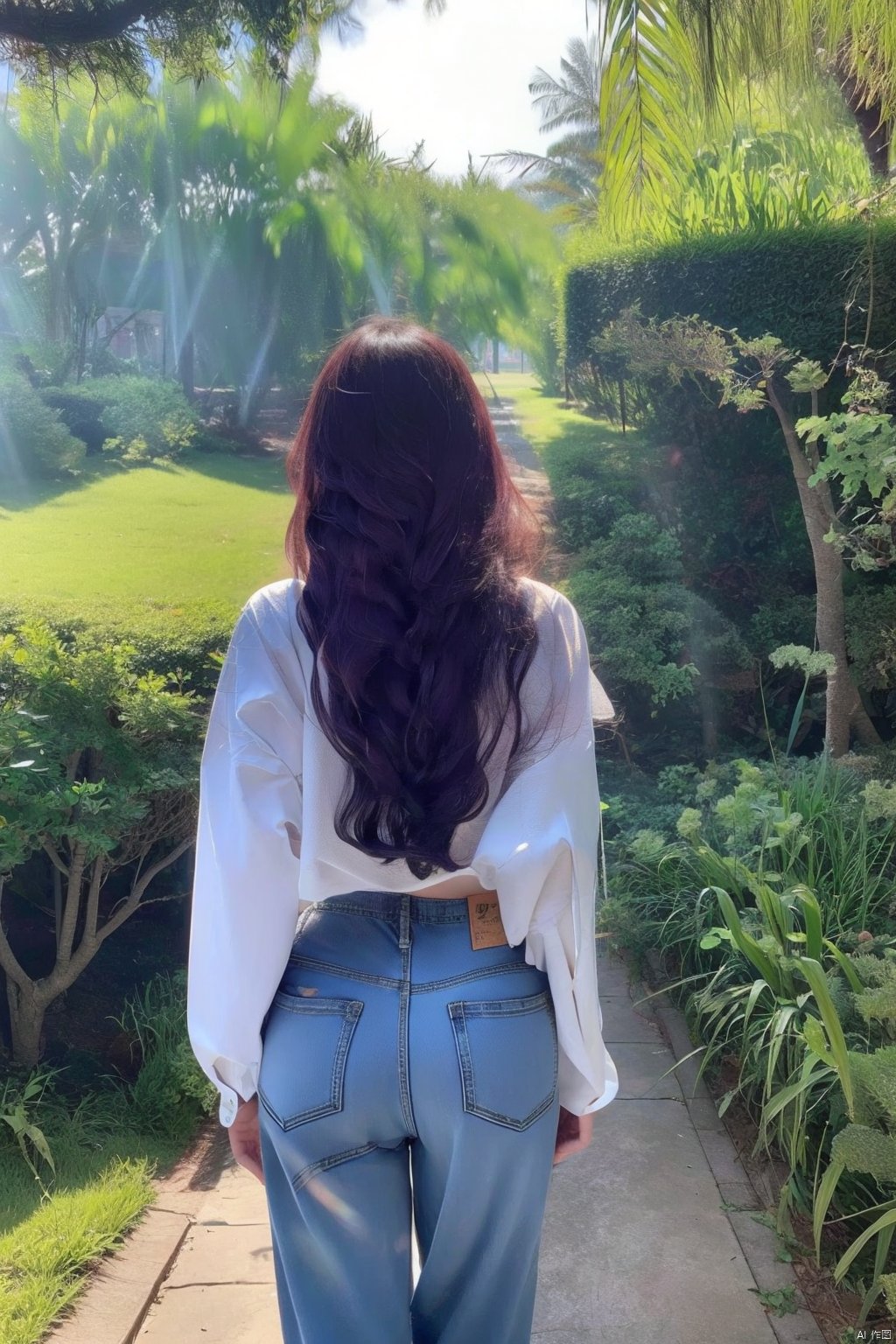 1girl,against_tree,bush,dappled_sunlight,day,facing_away,fence,foliage,forest,from_behind,garden,grass,ivy,jungle,long_hair,long_sleeves,nature,outdoors,overgrown,palm_tree,pants,park,path,plant,purple_hair,road,shirt,sky,solo,standing,sunlight,tree,tree_shade,under_tree,wavy_hair,,