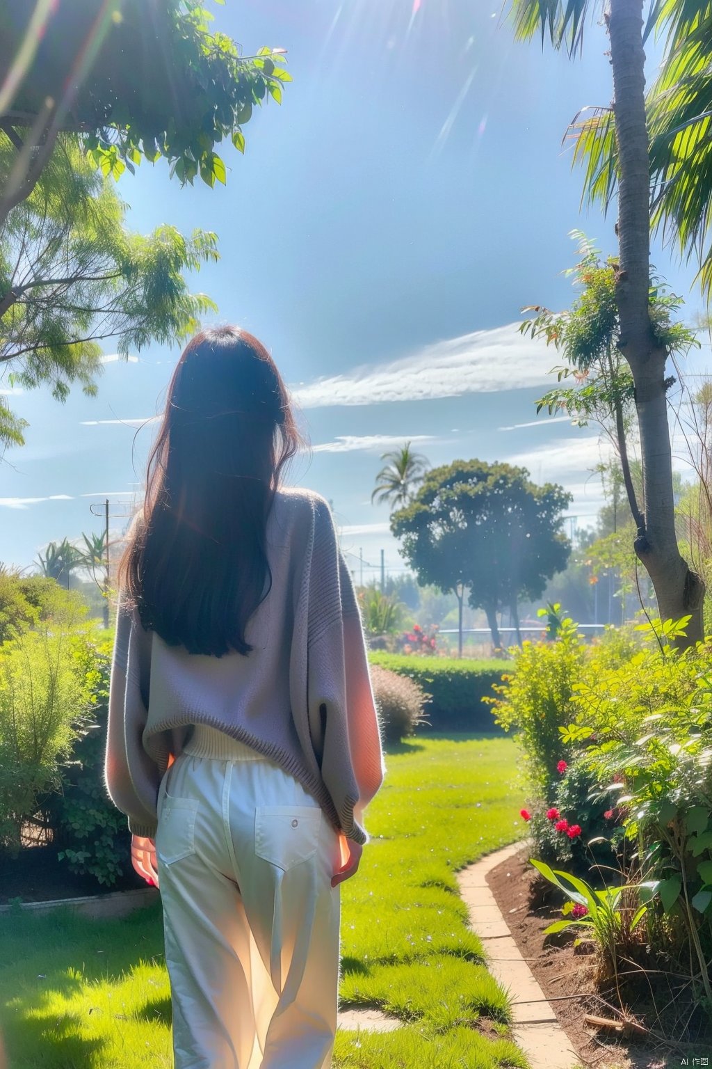 1girl,against_tree,bush,dappled_sunlight,day,facing_away,fence,foliage,forest,from_behind,garden,grass,ivy,jungle,long_hair,long_sleeves,nature,outdoors,overgrown,palm_tree,pants,park,path,plant,purple_hair,road,shirt,sky,solo,standing,sunlight,tree,tree_shade,under_tree,wavy_hair,,