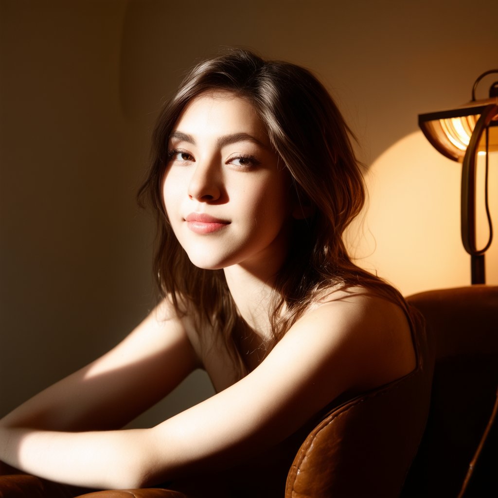 A close-up shot of a young woman with a soft, natural glow, sitting calmly in a dimly lit room with a worn leather armchair and a vintage lamp casting gentle shadows on her face. Her hair is styled in effortless waves, framing her features as she looks directly at the camera with a subtle smile.