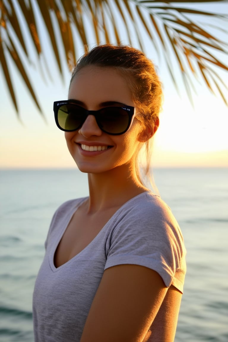 A serene young woman gazing directly at the viewer from an extreme close-up shot. She wears a casual T-shirt and shades, her smile radiating warmth as she looks straight into the lens. The soft focus of the sunset hues in the background subtly blends with the gentle rustle of ocean palm fronds in Palm Beach, creating a sense of peaceful tranquility.