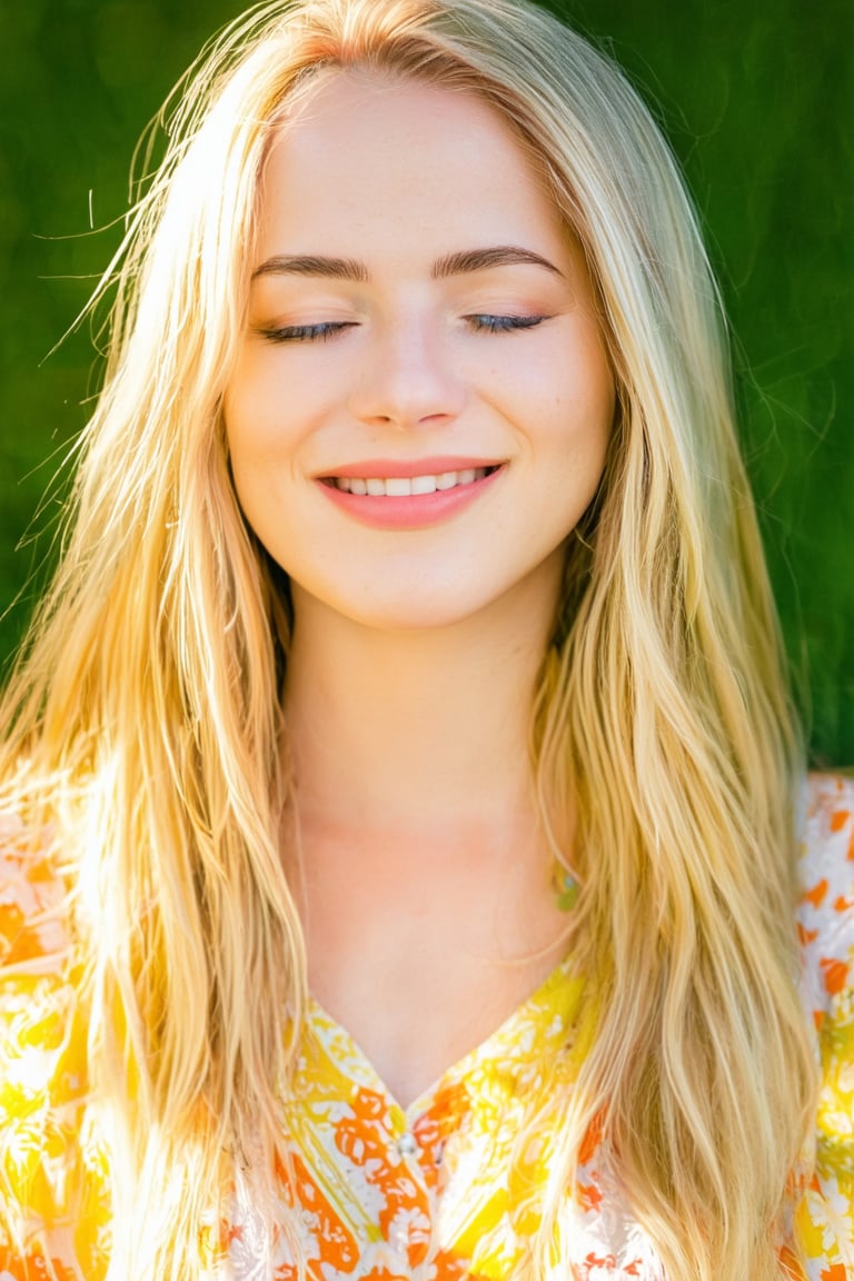 Cinematic film still of an 18-year-old blonde woman with sun-illuminated macroscopic patterns on her skin. Bright blue eyes sparkle beneath highlighted concentric circles, radiating warm sunbeams. Floral patterns adorn her clothing and a soft green background, bathed in summery yellows and oranges. She smiles serenely, eyes closed, as warm, diffused lighting emphasizes the delicate textures of her skin. Cinematic photorealistic, 8K UHD natural lighting captures intricate details, bokeh, and atmospheric effects. A shallow depth of field creates a vignette, while cinematic lighting and professional-grade equipment produce high-budget visuals.