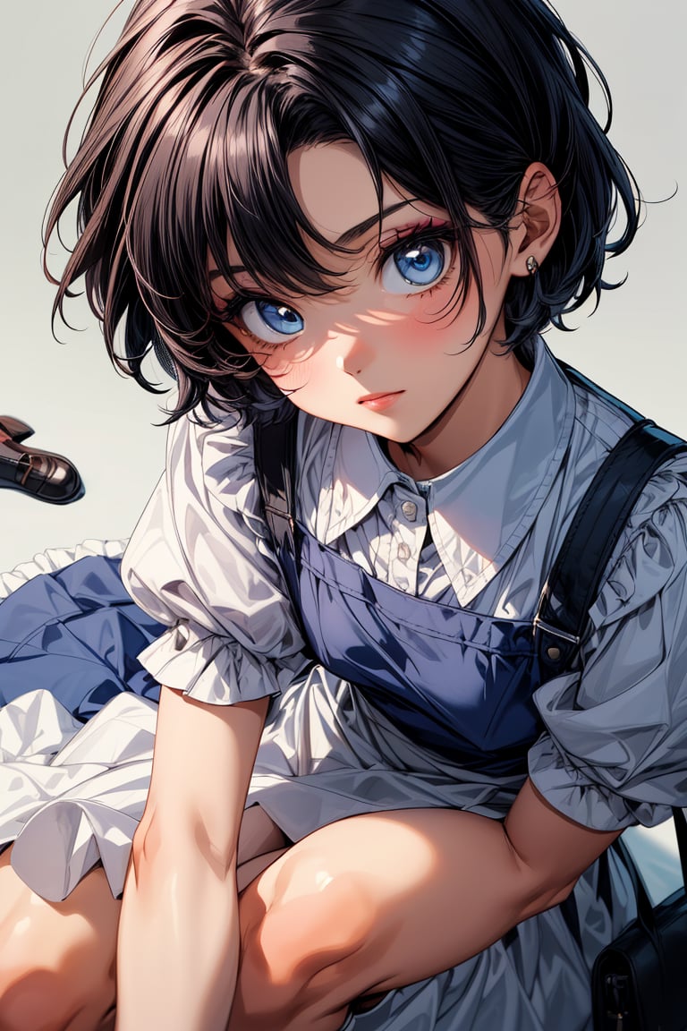 (masterpiece, highest quality), high resolution, artistic composition,succubus princess, cute, cute, (portrait: 1.2), (close-up), 1 girl, solo, 
cute, pretty, ((boyish beautiful girl))
,(very short hair, extra short hair),
lustrous black hair,
black hair,
eyeshadow, purple eyeshadow, makeup
blue beautiful eyes,

(blue dress), apron dress, long skirted girls uniform, long skirted apron dress,
white shirt, (collared shirt), puffy sleeves, red ribbon on chest
Blake,
white socks, loafers, black footwear, mary janes, school bag,
Blake,
(skirt lining is white), pure white petticoat, white petticoat inside skirt, frills inside long skirt