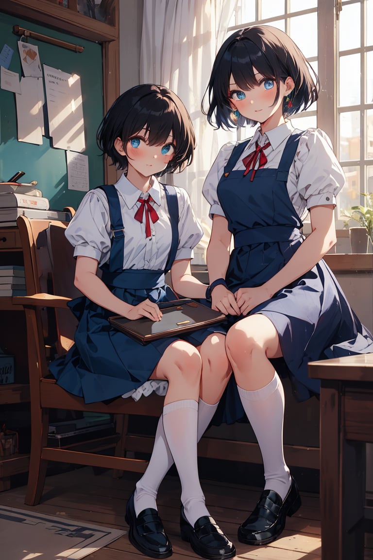 (masterpiece, highest quality), high resolution, artistic composition,
cute, beautiful, ((boyish beautiful girl))
,(very short hair, extra short hair),
lustrous black hair,
black hair,
eyeshadow, purple eyeshadow, makeup
blue beautiful eyes,
Blake
very long skirt,(very long skirt down to the knees:0.5)
(blue dress), apron dress, long skirted girls' uniform, long skirted apron dress,
white shirt,(collared shirt), puffy sleeves,(red ribbon around neck),cute girls' uniform ribbon,
Blake,
white socks, loafers, black footwear, mary janes, school bag,
Blake,
skirt lining is white,(white petticoat inside skirt, long skirt with frills, pure white petticoat:0.5)