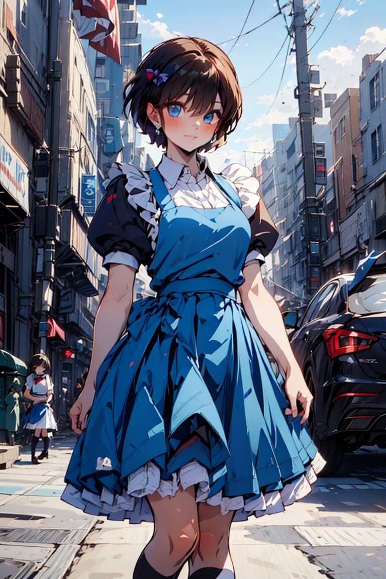 (masterpiece, highest quality), high resolution, artistic composition,
cute, beautiful, ((boyish beautiful girl))
,(very short hair, extra short hair),
lustrous black hair,
black hair,
eyeshadow, purple eyeshadow, makeup
blue beautiful eyes,
Blake
very long skirt,(very long skirt down to the knees:0.5)
(blue dress), apron dress, ((long skirted girls' uniform, long skirted apron dress)),
white shirt,(collared shirt), puffy sleeves,(red ribbon around neck),cute girls' uniform ribbon,
Blake,
white socks, loafers, black footwear, mary janes, school bag,
Blake,
skirt lining is white,(white petticoat inside skirt, long skirt with frills, pure white petticoat:0.5)