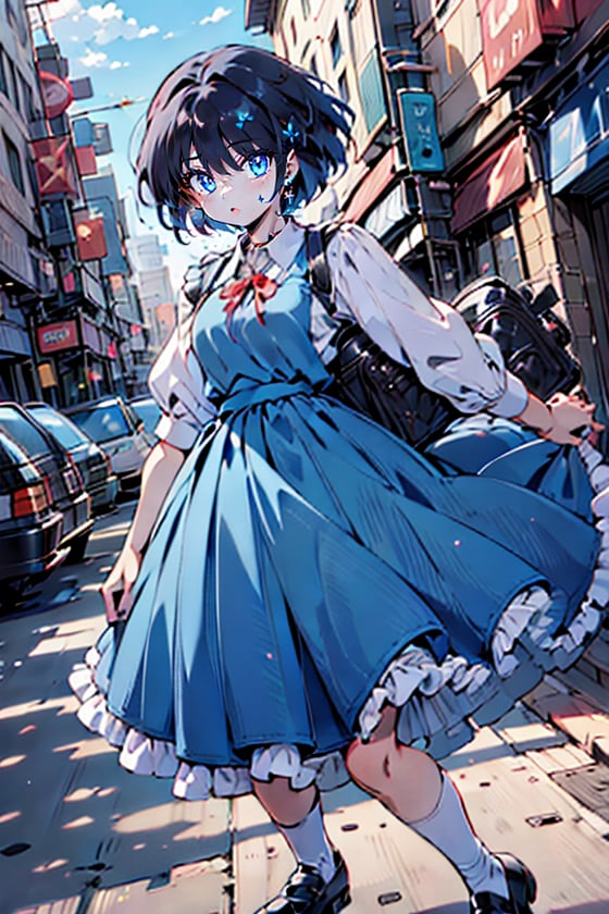 (masterpiece, highest quality), high resolution, artistic composition,
cute, beautiful, ((boyish beautiful girl))
,(very short hair, extra short hair),
lustrous black hair,
black hair,
eyeshadow, purple eyeshadow, makeup
blue beautiful eyes,
Blake
very long skirt,(very long skirt down to the knees:0.5)
(blue dress), apron dress, ((long skirted girls' uniform, long skirted apron dress)),
white shirt,(collared shirt), puffy sleeves,(red ribbon around neck),cute girls' uniform ribbon,
Blake,
white socks, loafers, black footwear, mary janes, school bag,
Blake,
skirt lining is white,(white petticoat inside skirt, long skirt with frills, pure white petticoat:0.5)