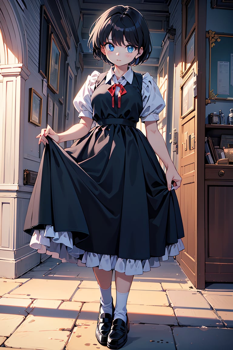 (masterpiece, highest quality), high resolution, artistic composition,
cute, beautiful, ((boyish beautiful girl))
,(very short hair, extra short hair),
lustrous black hair,
black hair,
eyeshadow, purple eyeshadow, makeup
blue beautiful eyes,
Blake
very long skirt,(very long skirt down to the knees:0.5)
(blue dress), apron dress, long skirted girls' uniform, long skirted apron dress,
white shirt,(collared shirt), puffy sleeves,(red ribbon around neck),cute girls' uniform ribbon,
Blake,
white socks, loafers, black footwear, mary janes, school bag,
Blake,
skirt lining is white,(white petticoat inside skirt, long skirt with frills, pure white petticoat:0.5)