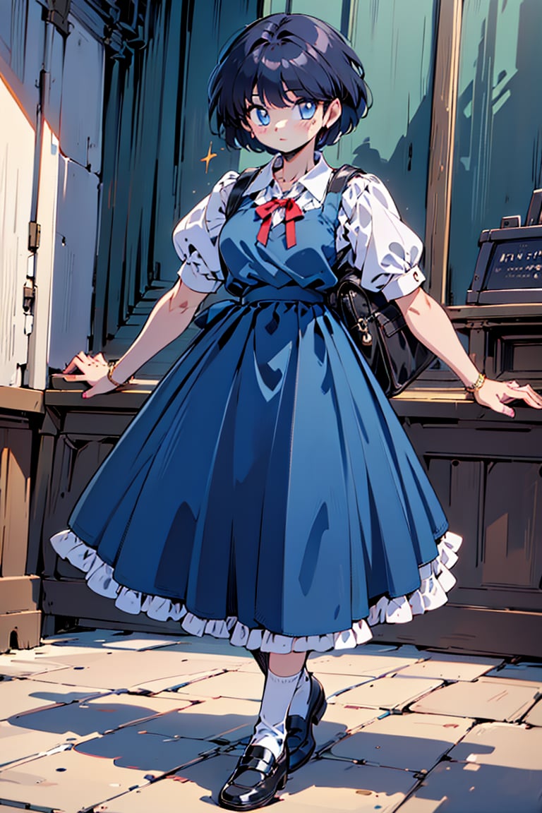 (masterpiece, highest quality), high resolution, artistic composition,
cute, beautiful, ((boyish beautiful girl))
,(very short hair, extra short hair),
lustrous black hair,
black hair,
eyeshadow, purple eyeshadow, makeup
blue beautiful eyes,
Blake
very long skirt,(very long skirt down to the knees:0.5)
(blue dress), apron dress, long skirted girls' uniform, long skirted apron dress,
white shirt,(collared shirt), puffy sleeves,(red ribbon around neck),cute girls' uniform ribbon,
Blake,
white socks, loafers, black footwear, mary janes, school bag,
Blake,
skirt lining is white,(white petticoat inside skirt, long skirt with frills, pure white petticoat:0.5)