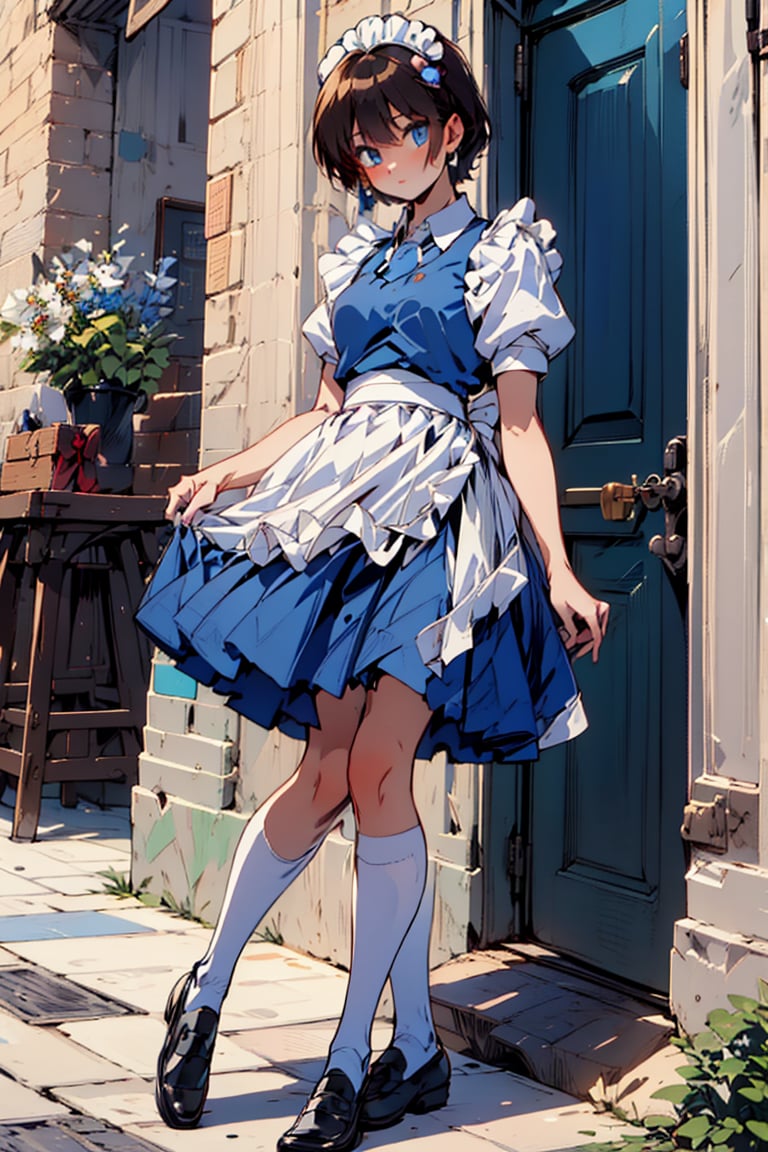 (masterpiece, highest quality), high resolution, artistic composition,
cute, beautiful, ((boyish beautiful girl))
,(very short hair, extra short hair),
lustrous black hair,
black hair,
eyeshadow, purple eyeshadow, makeup
blue beautiful eyes,
Blake
very long skirt,(very long skirt down to the knees:0.5)
(blue dress), apron dress, ((long skirted girls' uniform, long skirted apron dress)),
white shirt,(collared shirt), puffy sleeves,(red ribbon around neck),cute girls' uniform ribbon,
Blake,
white socks, loafers, black footwear, mary janes, school bag,
Blake,
skirt lining is white,(white petticoat inside skirt, long skirt with frills, pure white petticoat:0.5)