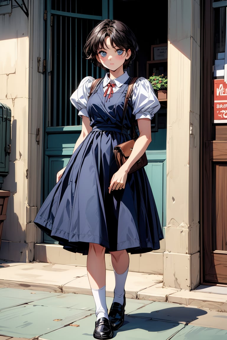 (masterpiece, highest quality), high resolution, artistic composition,
cute, beautiful, ((boyish beautiful girl))
,(very short hair, extra short hair),
lustrous black hair,
black hair,
eyeshadow, purple eyeshadow, makeup
blue beautiful eyes,
Blake
very long skirt,(very long skirt down to the knees:0.5)
(blue dress), apron dress, long skirted girls' uniform, long skirted apron dress,
white shirt,(collared shirt), puffy sleeves,(red ribbon around neck),cute girls' uniform ribbon,
Blake,
white socks, loafers, black footwear, mary janes, school bag,
Blake,
skirt lining is white,(white petticoat inside skirt, long skirt with frills, pure white petticoat:0.5)