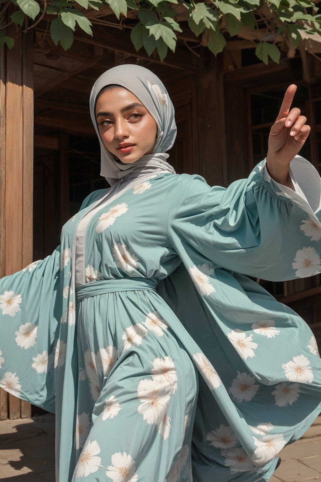 Portrait of Beautiful woman, wearing green flower pattern abaya, hijab style, dynamic poses, elegance poses,