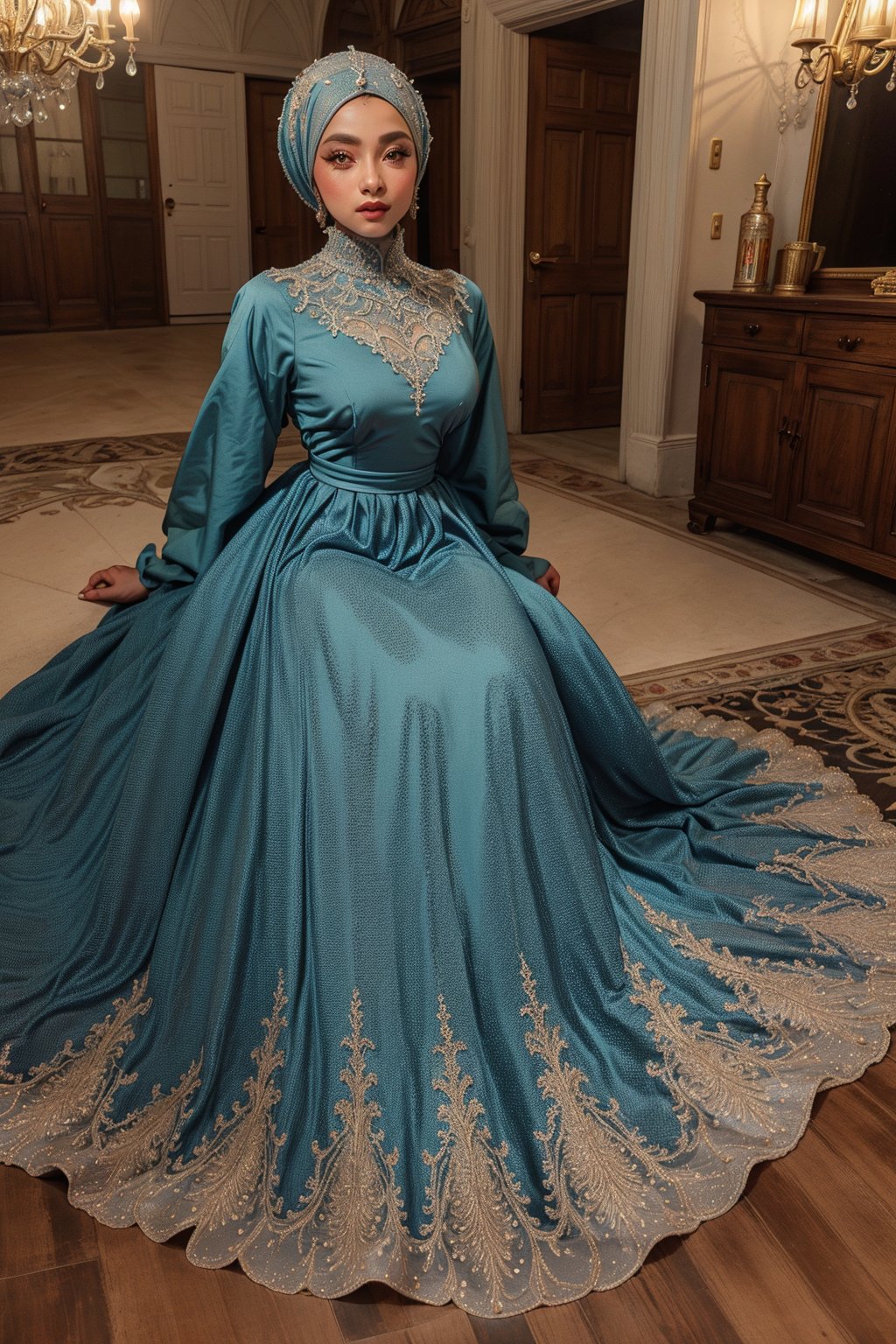 Portrait of Beautiful woman, wearing blue gown, in red carpet , hijab style, elegance poses,