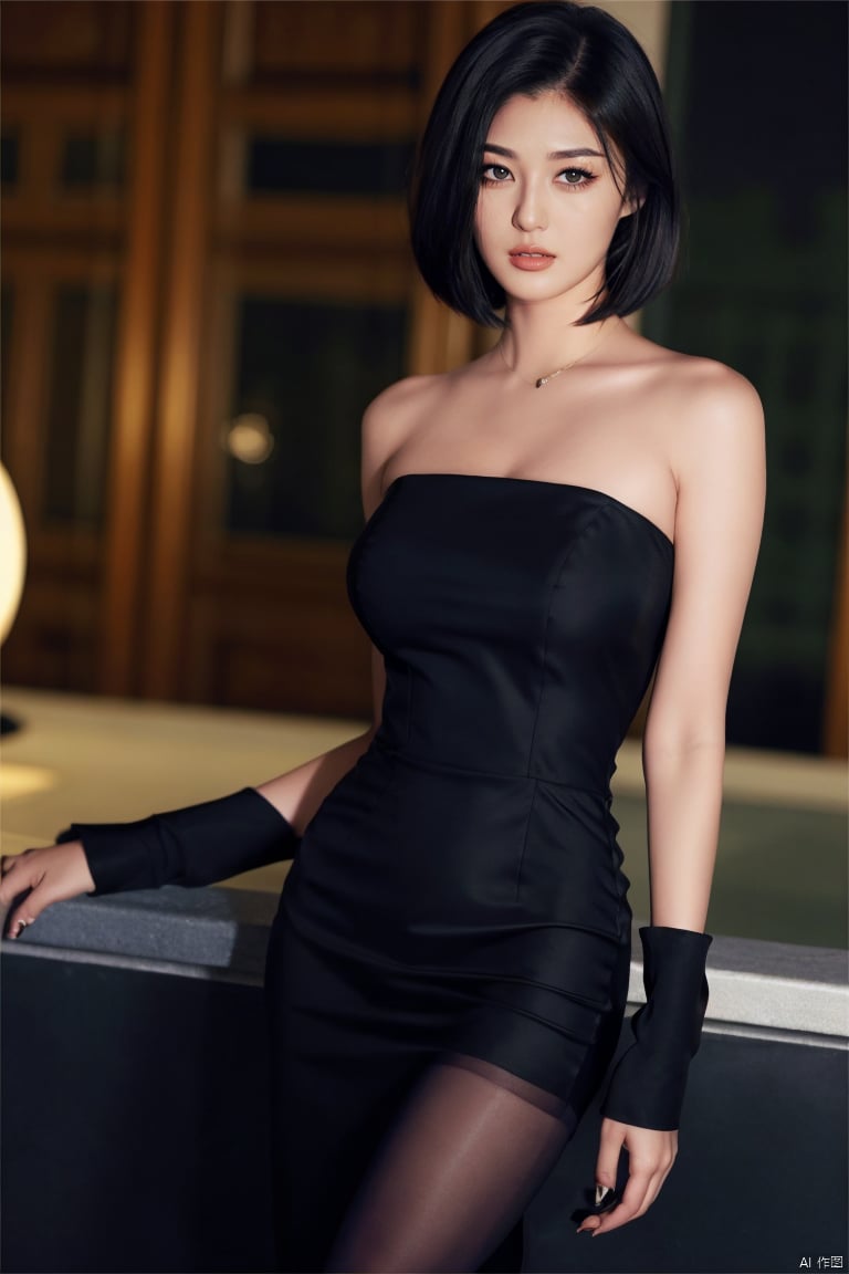 plns,cher,1girl,solo,asian,pretty,charming,realistic, dress, short hair, dark, black dress, hair over one eye, bare shoulders, black strapless dress, black pantyhose, bust,blurry,masterpiece, realistic, best quality, highly detailed,