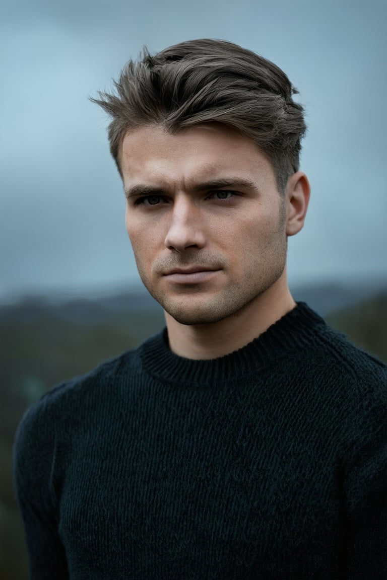 professional photo, closeup portrait photo of caucasian man, wearing black sweater, serious face, dramatic lighting, nature, gloomy, cloudy weather, bokeh