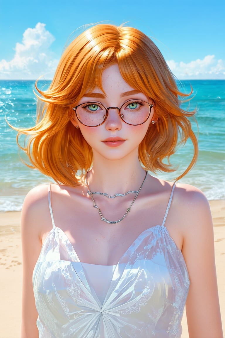 realistic, 18 year old woman, Irish girl, thin, green eyes, freckles, shoulder legth wavey ginger hair, glasses, braces, transparent sundress, on the beach