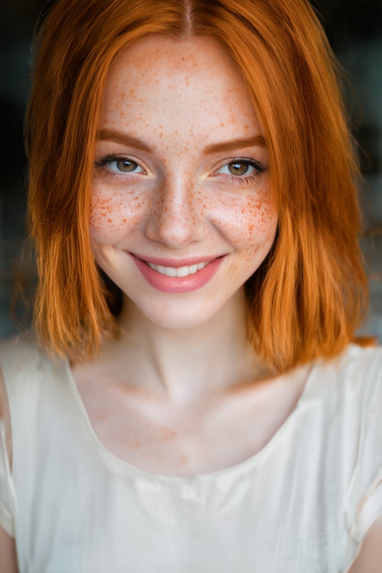 beautiful girl,smile,happy,close up,(detailed eyes:0.8),(looking at the camera:1.4),interior,(ginger hair:1.3),dark studio,muted colors,freckles