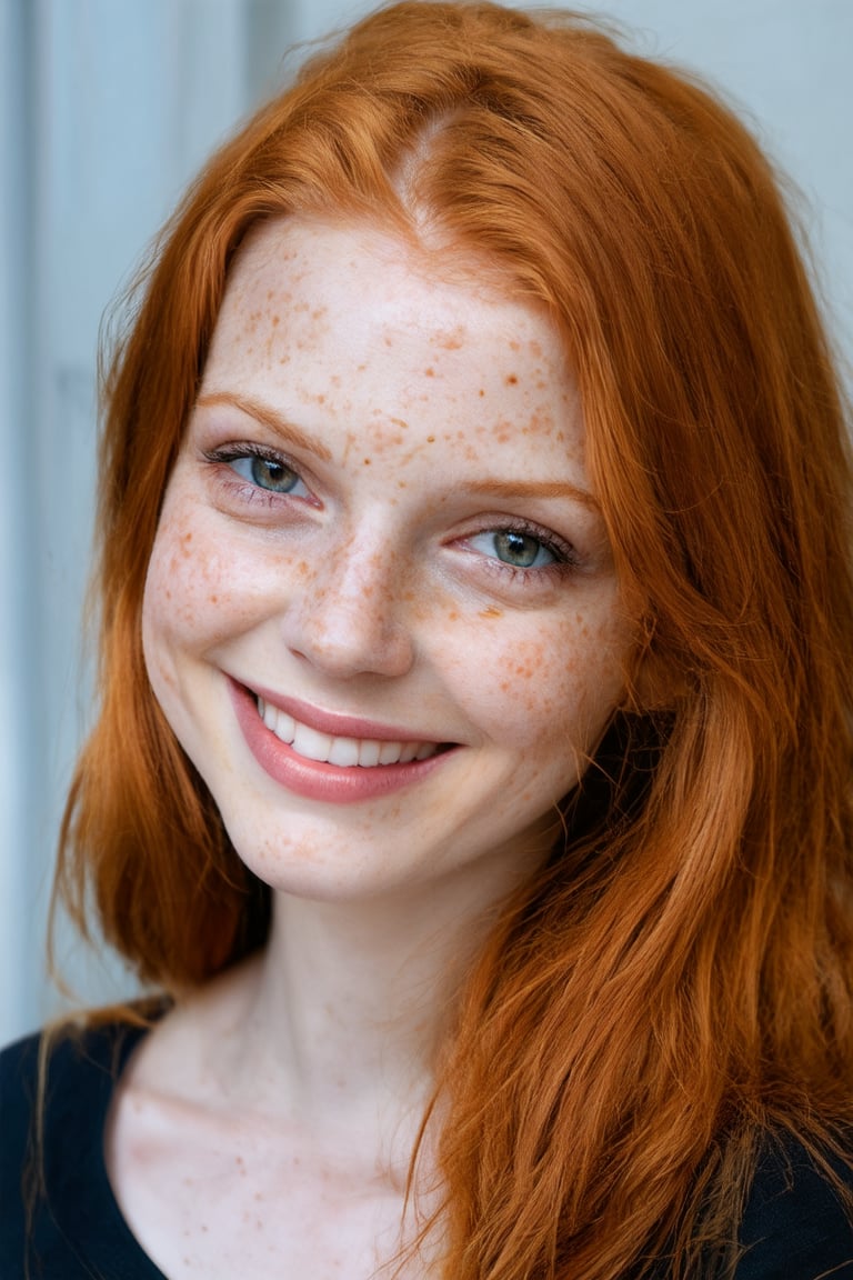 beautiful girl,smile,happy,close up,(detailed eyes:0.8),(looking at the camera:1.4),interior,(ginger hair:1.3),dark studio,muted colors,freckles