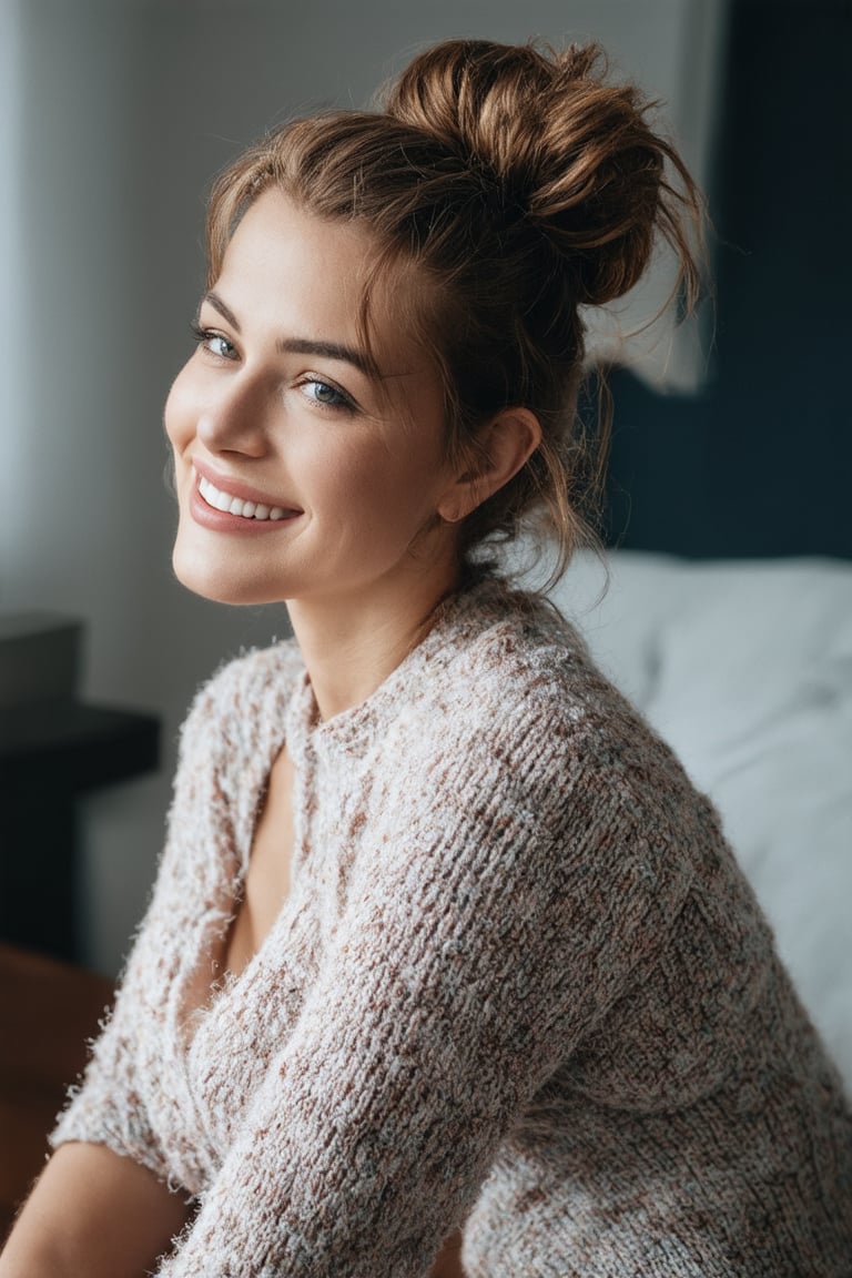 photo of a busty smiling woman with brown messy hairbun, looking shy from the side towards the camera, sitting in a cozy room, wooly knitted full bodysuit with pop-art print, very detailed, atmospheric haze, Film grain, cinematic film still, shallow depth of field, highly detailed, high budget, cinemascope, moody, epic, OverallDetail, gorgeous, 2000s vintage RAW photo, photorealistic, candid camera, color graded cinematic, eye catchlights, atmospheric lighting, skin pores, imperfections, natural, shallow dof