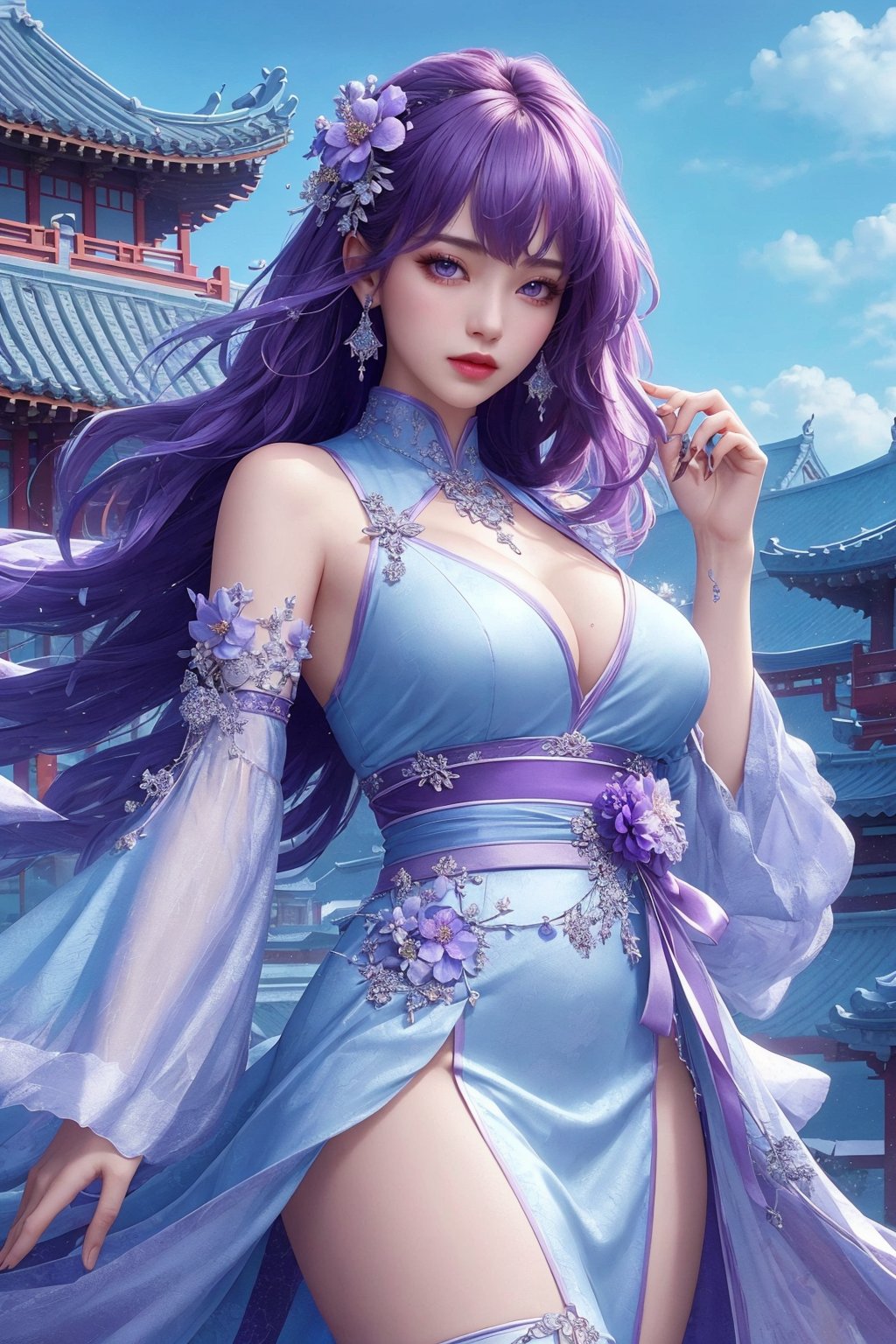 busty and sexy girl, 8k, masterpiece, ultra-realistic, best quality, high resolution, high definition, solo, long hair, looking at viewer, hair ornament, dress, jewelry, purple eyes, purple hair, flower, earrings, detached sleeves, sky, hair flower, white dress, architecture, east asian architecture