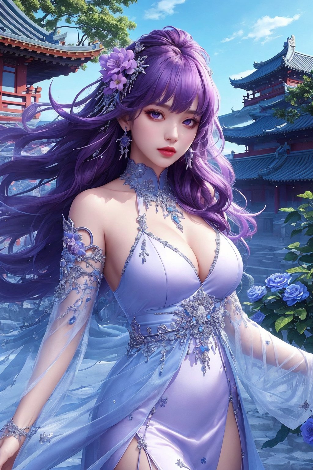 busty and sexy girl, 8k, masterpiece, ultra-realistic, best quality, high resolution, high definition, solo, long hair, looking at viewer, hair ornament, dress, jewelry, purple eyes, purple hair, flower, earrings, detached sleeves, sky, hair flower, white dress, architecture, east asian architecture