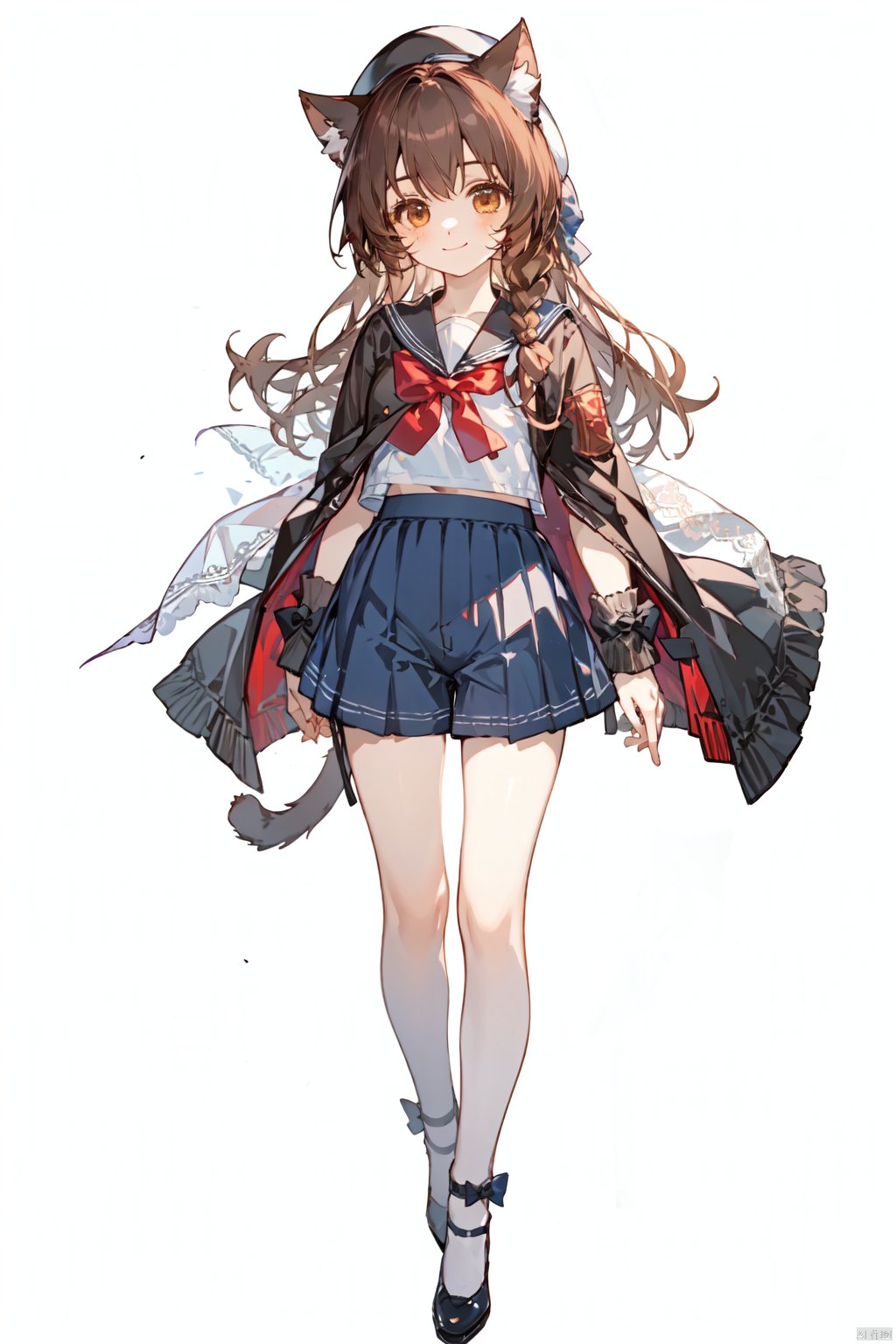 1girl, braid, brown_eyes, brown_hair, full_body, long_hair, looking_at_viewer,Exquisite face,, smile, solo, transparent_background,Shorts,Long skirt, bow, shawl, lace, Mary Jane shoes,beret, sailor suit, cat ears,