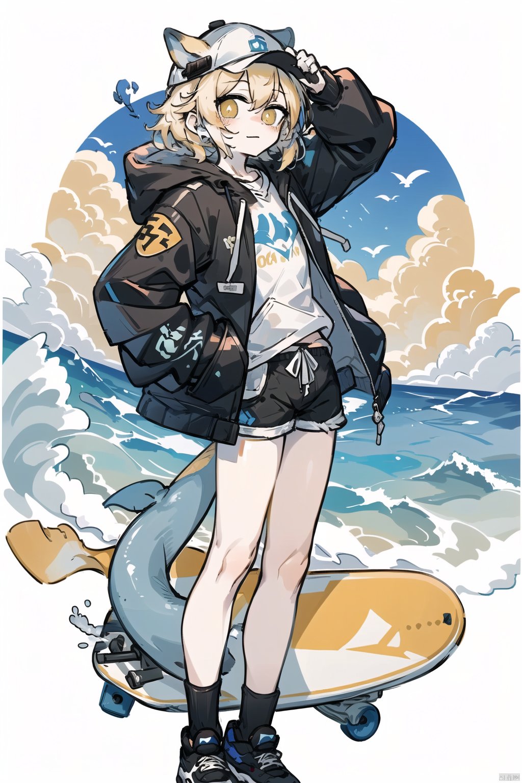  (\lang lang\), surfboard, solo, hat, shorts, water, male focus, shoes, holding, 1boy, waves, jacket, hood, baseball cap, hood down, long sleeves, yellow jacket, full body, drawstring, skateboard, pointing, blue footwear, furry, tail, dolphin, standing, whale, hoodie, looking at viewer, furry male, sneakers, white headwear, orange jacket, white shorts, blush stickers, CUXIAN