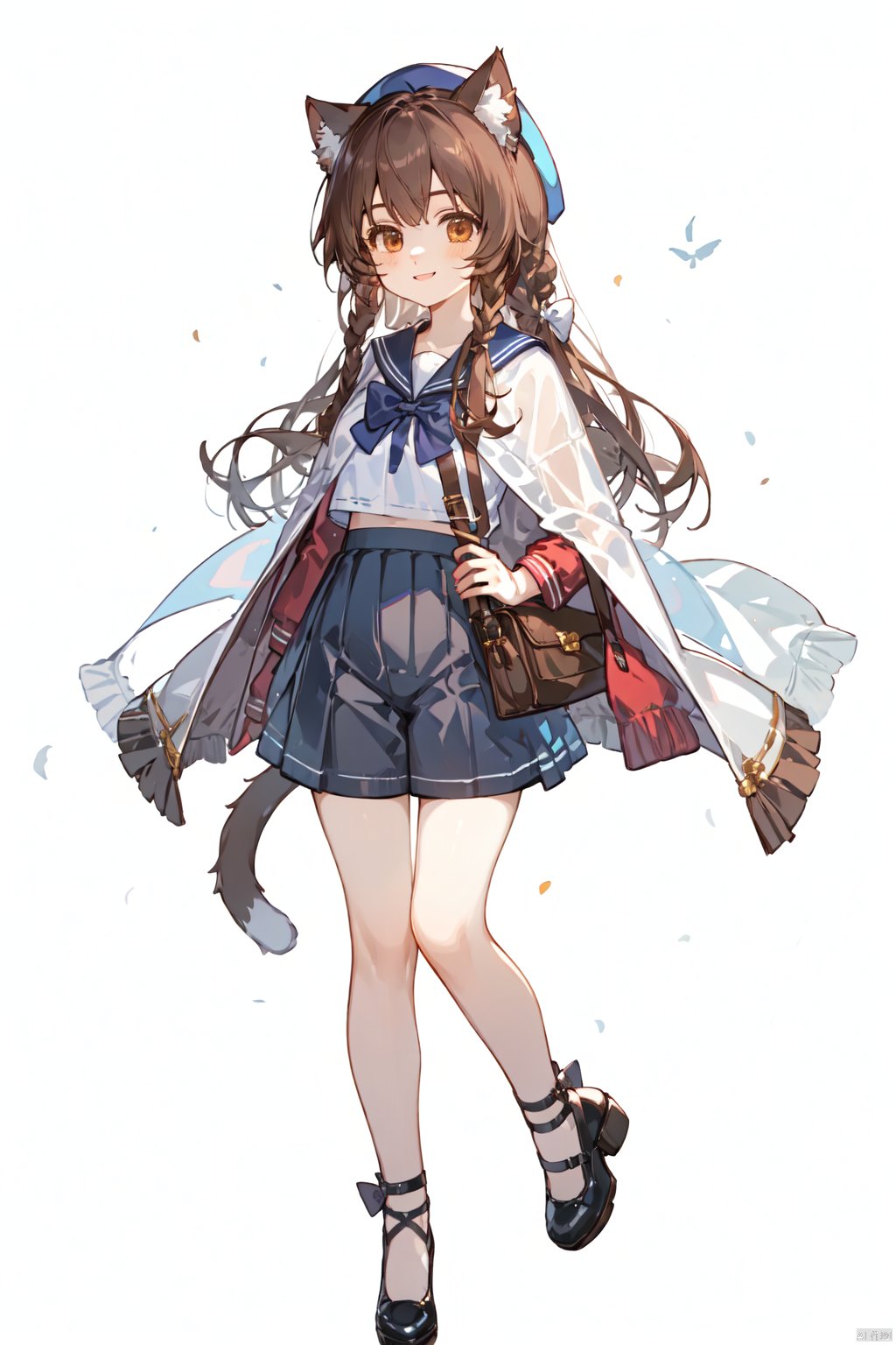 1girl, braid, brown_eyes, brown_hair, full_body, long_hair, looking_at_viewer,Exquisite face,, smile, solo, transparent_background,Shorts,Long skirt, bow, shawl, lace, Mary Jane shoes,beret, sailor suit, cat ears,