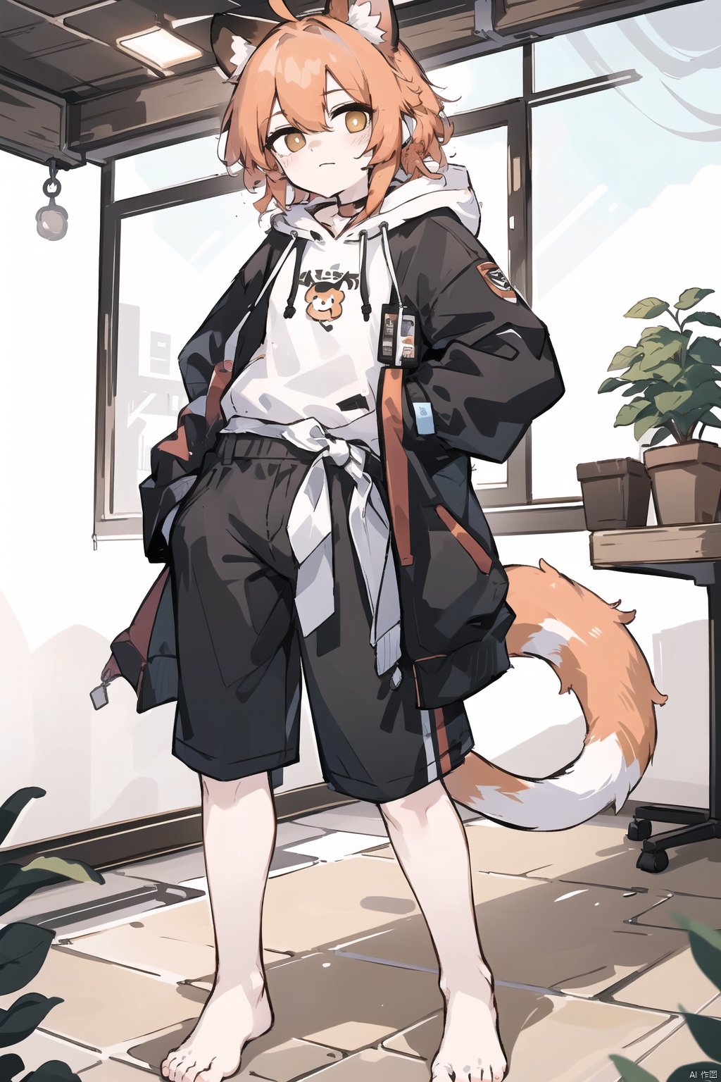  only one boy,from head to foot,orange hair,Long hair and waist length,rein,The lower limbs are lesser panda feet,There is a lesser panda tail behind body,wearing Hoodies,, shota