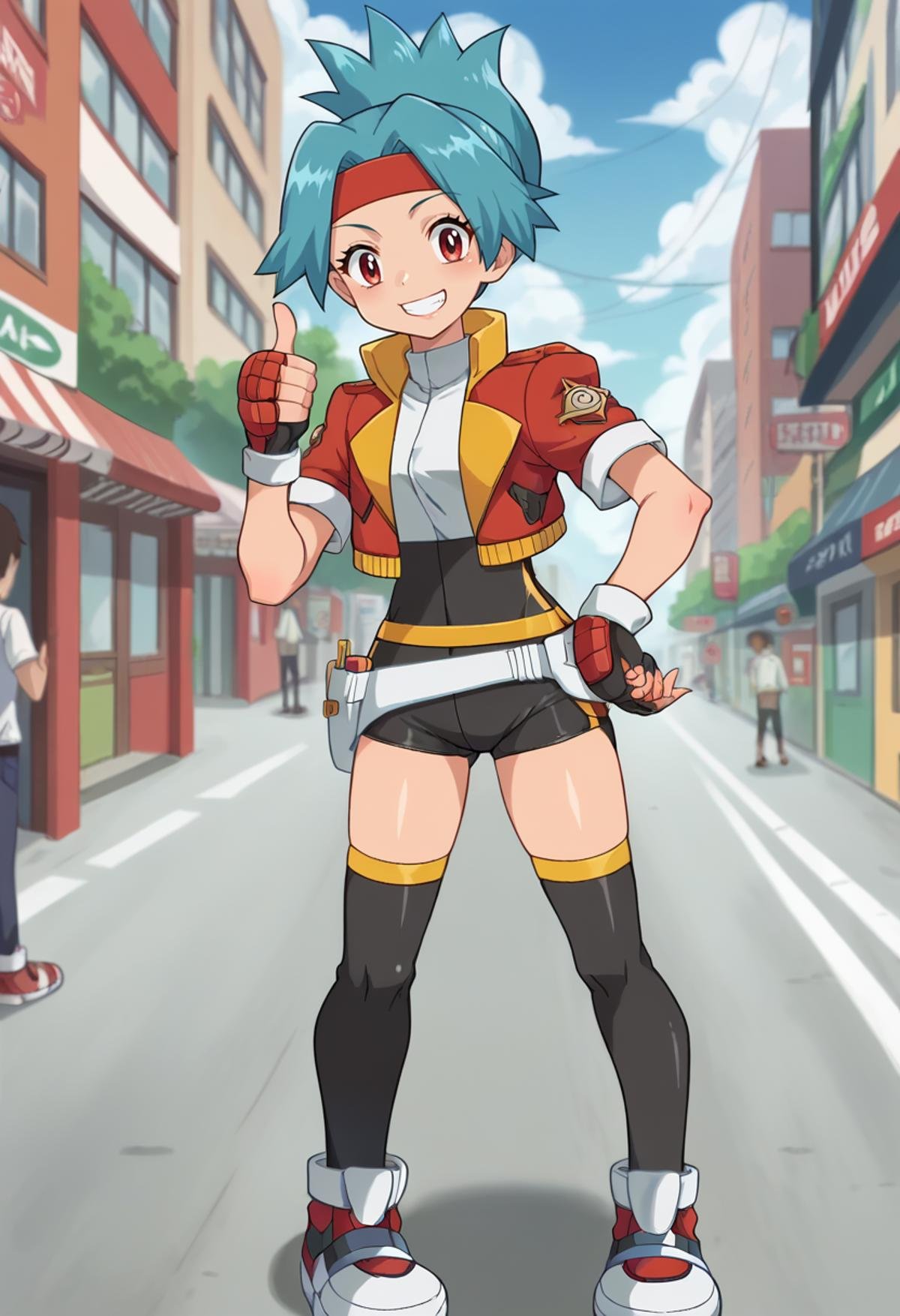 score_9, score_8_up, score_7_up, source_anime, masterpiece, 1girl, ct_s0lana, cropped jacket, white shirt, bike shorts, white belt pouch, black thighhighs, fingerless gloves, skin tight, sneakers, looking at viewer, outdoors, city, depth of field, day, shiny skin, smile, thumbs up, anime screencap, <lora:Solana_pokemon_ct:1>