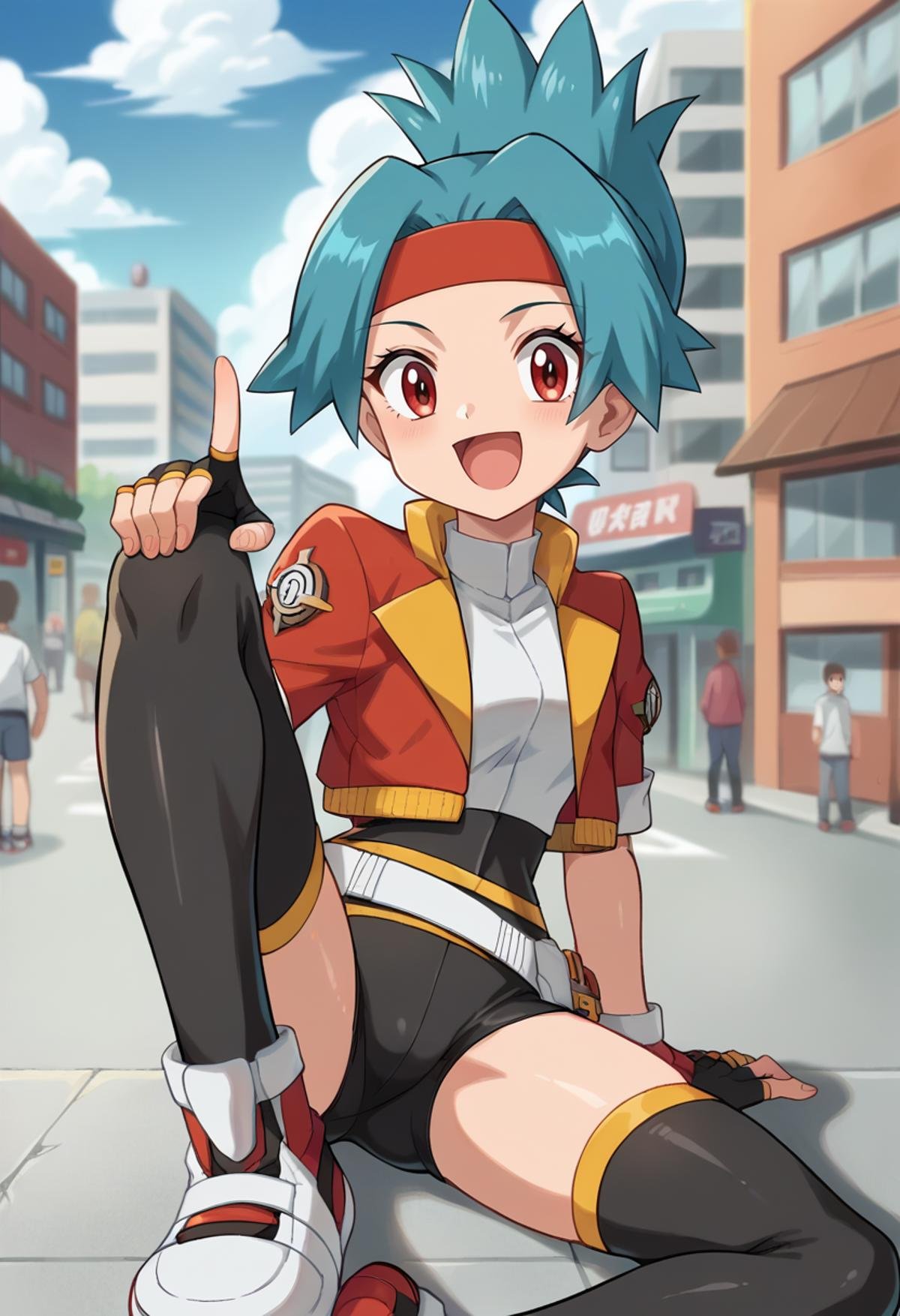 score_9, score_8_up, score_7_up, source_anime, masterpiece, 1girl, ct_s0lana, cropped jacket, white shirt, bike shorts, white belt pouch, black thighhighs, fingerless gloves, skin tight, sneakers, looking at viewer, outdoors, city, depth of field, day, shiny skin, happy, hand up, sitting, knee up, anime screencap, <lora:Solana_pokemon_ct:1>