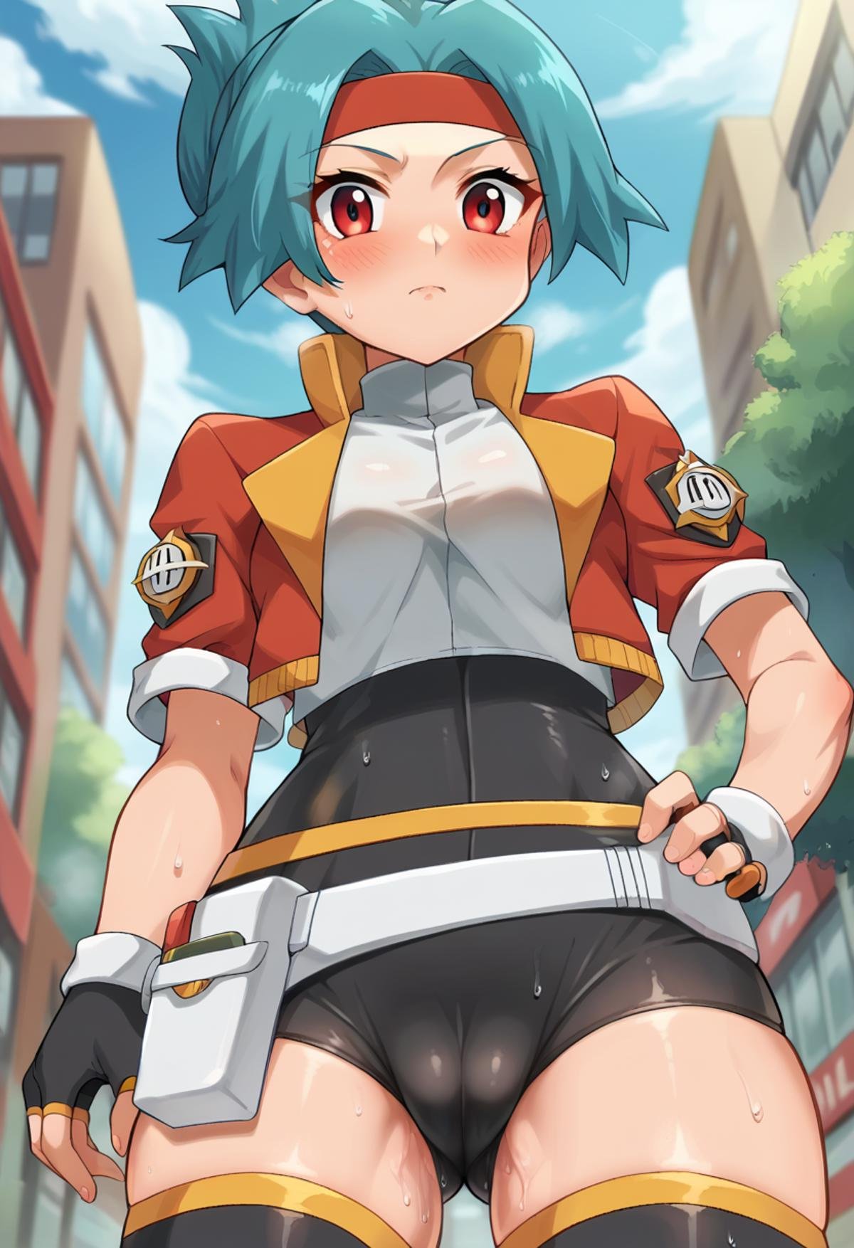 score_9, score_8_up, score_7_up, source_anime, masterpiece, 1girl, ct_s0lana, cropped jacket, white shirt, bike shorts, white belt pouch, black thighhighs, fingerless gloves, skin tight, looking at viewer, outdoors, city, depth of field, day, shiny skin, blush, from below, cameltoe, sweat, smell, anime screencap,<lora:Solana_pokemon_ct:1>