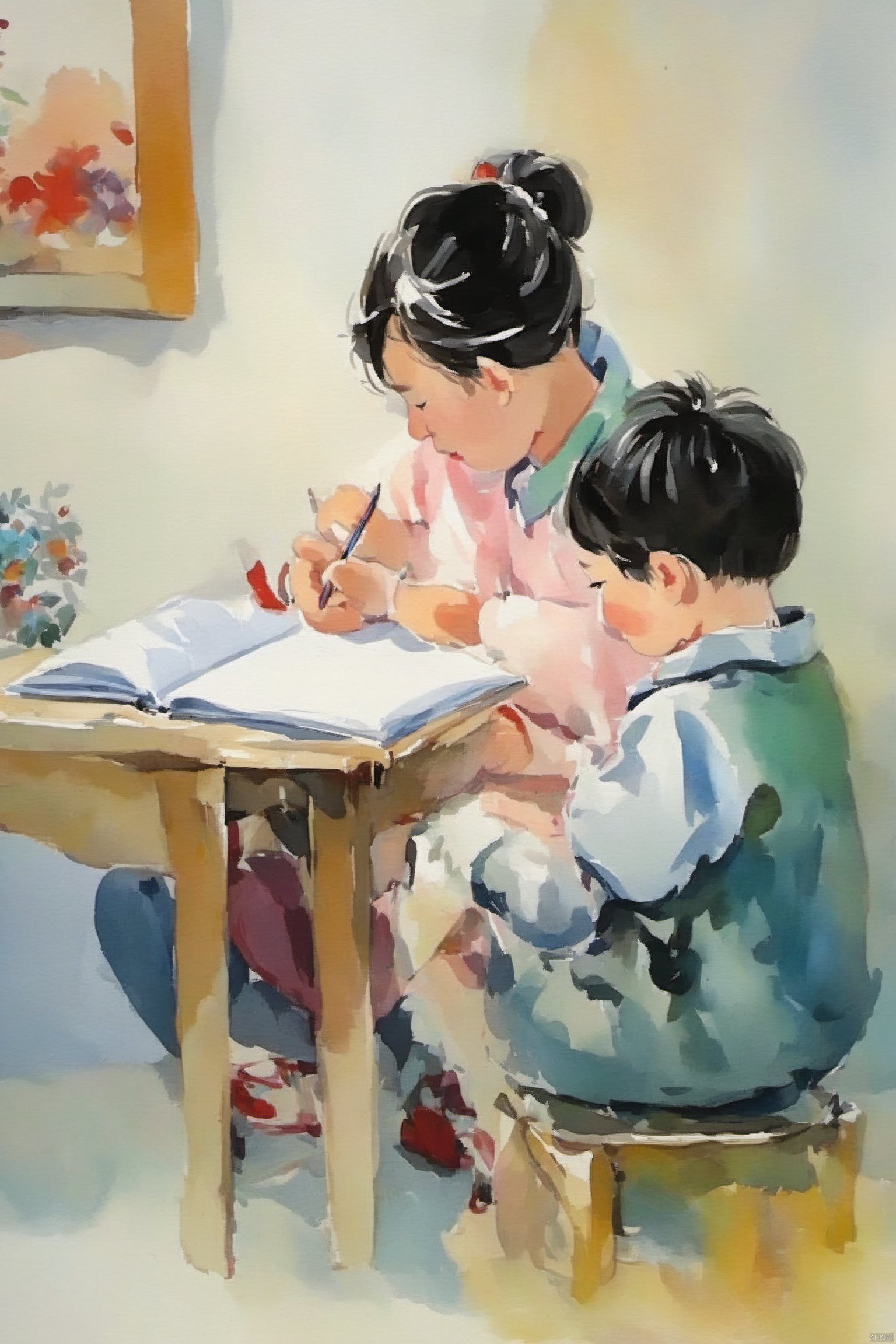 Bestquality,8k,(((masterpiece))),((bestquality)),The mother took the child to do his homework,zhongshijiaoyuchahua