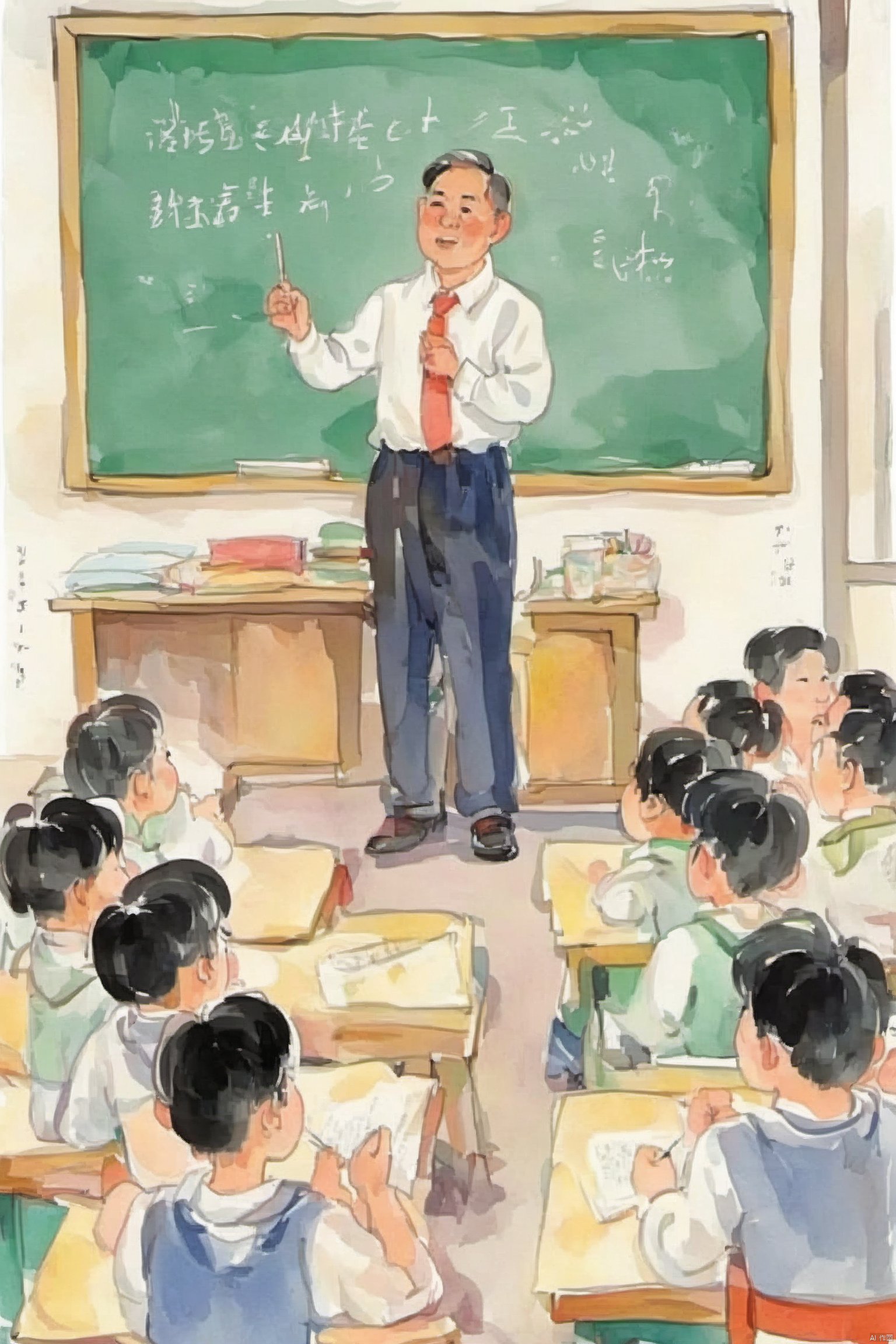 Bestquality,8k,(((masterpiece))),((bestquality)),zhongshijiaoyuchahua,The teacher in front of the blackboard is giving a lecture