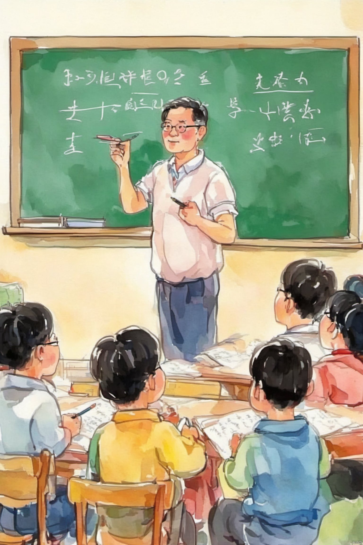 Bestquality,8k,(((masterpiece))),((bestquality)),zhongshijiaoyuchahua,The teacher in front of the blackboard is giving a lecture