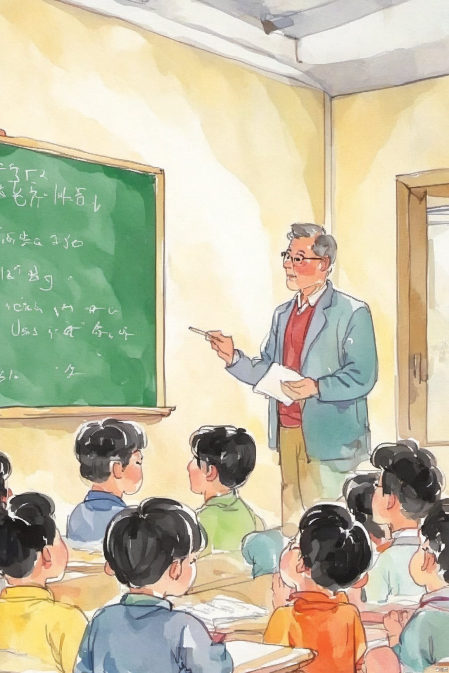 Bestquality,8k,(((masterpiece))),((bestquality)),zhongshijiaoyuchahua,The teacher in front of the blackboard is giving a lecture