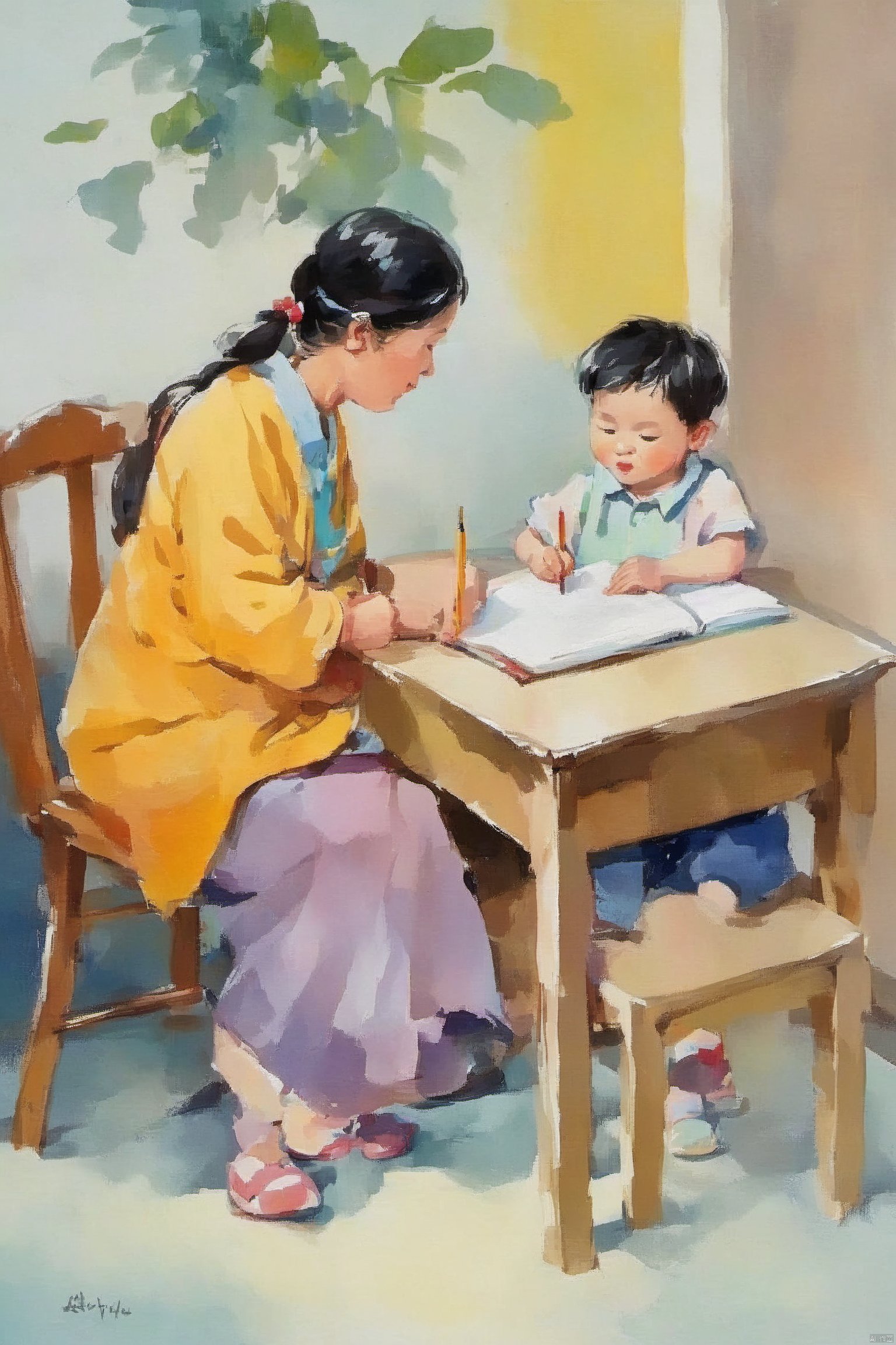 Bestquality,8k,(((masterpiece))),((bestquality)),The mother took the child to do his homework,zhongshijiaoyuchahua