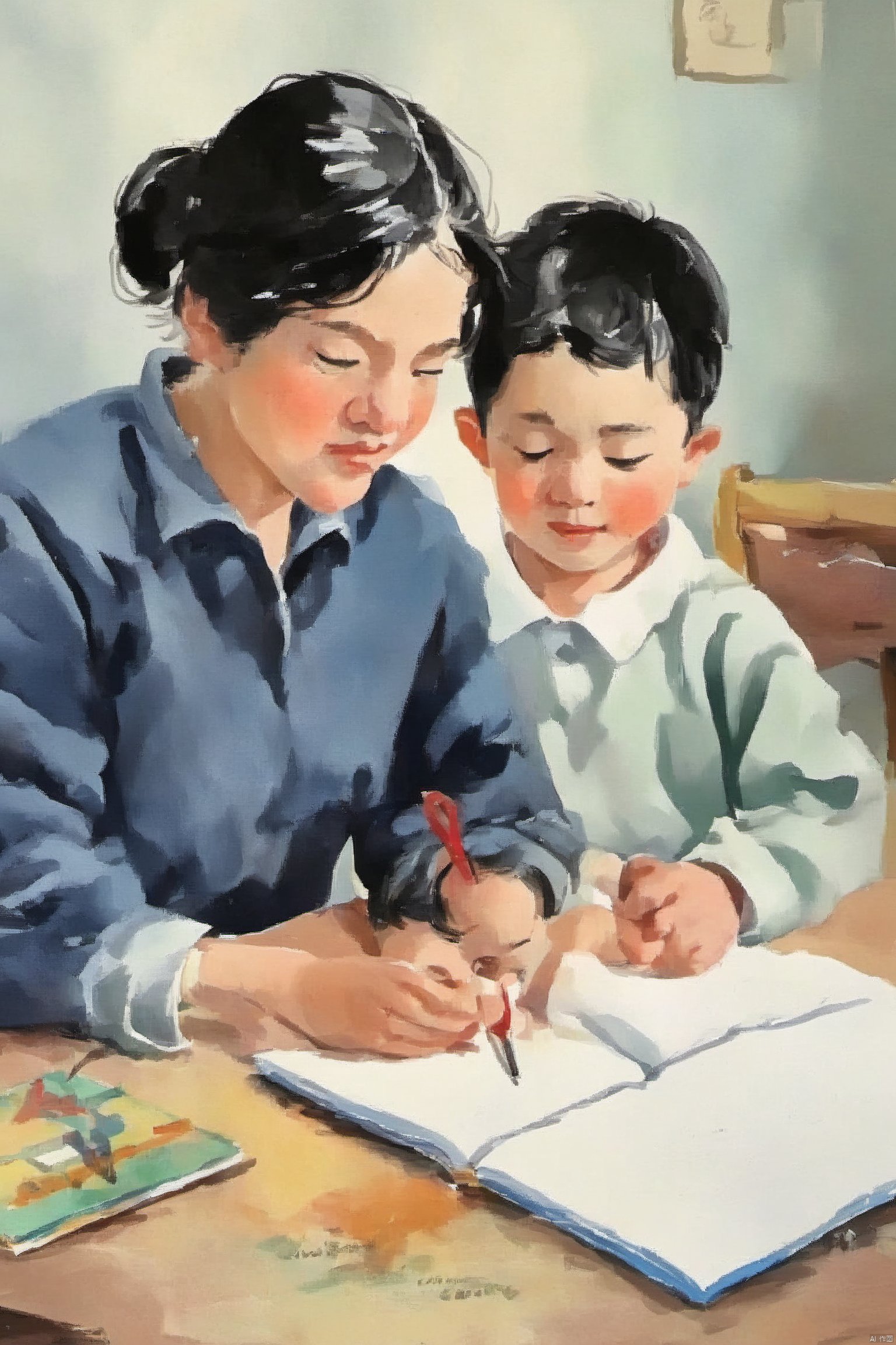 Bestquality,8k,(((masterpiece))),((bestquality)),The mother took the child to do his homework,zhongshijiaoyuchahua