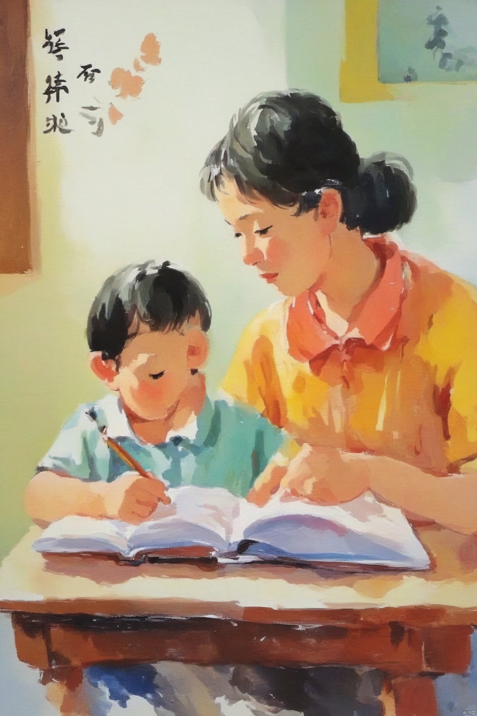 Bestquality,8k,(((masterpiece))),((bestquality)),The mother took the child to do his homework,zhongshijiaoyuchahua