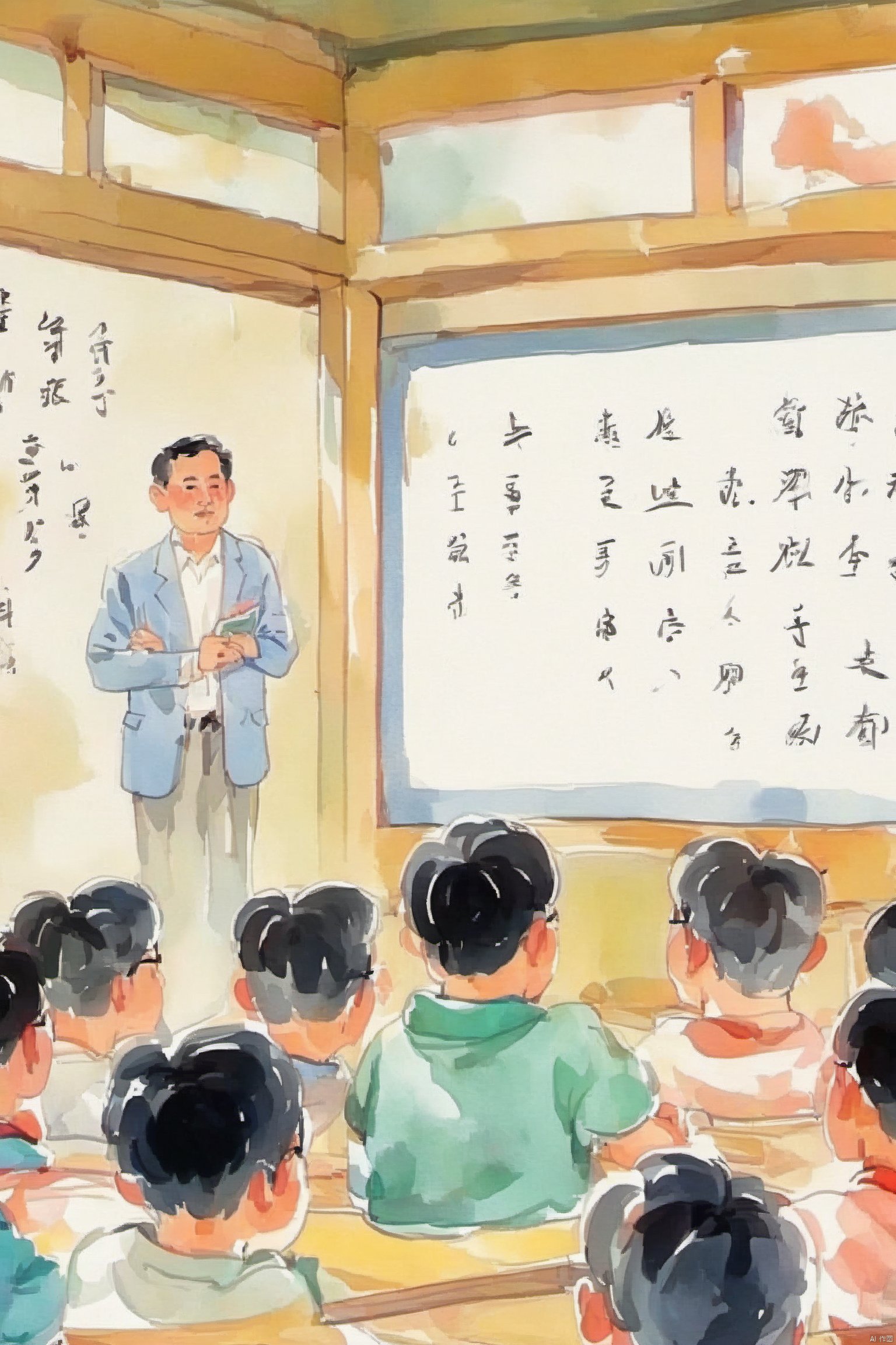 Bestquality,8k,(((masterpiece))),((bestquality)),zhongshijiaoyuchahua,The teacher in front of the blackboard is giving a lecture