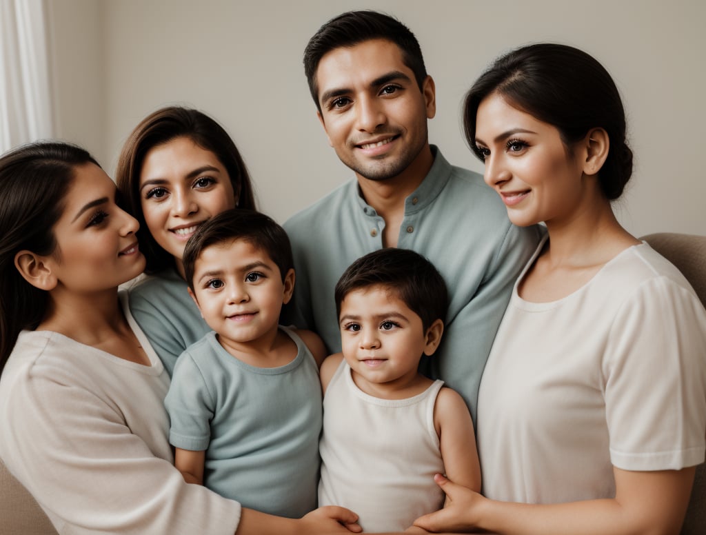 Different faces and expressions. In a vibrant, high-contrast scene, an 8K hyper-realistic Mexican family portrait radiates warmth. Grandparents stand confidently at center frame, gazing directly into the camera lens. Behind them, their sons flank left and right, flanked by their wives, while daughters and husbands occupy the opposite sides. Grandchildren sit in front, beaming with joy. Soft lighting casts a golden glow on the family's diverse features, accentuating the richness of their heritage.,Photofamily