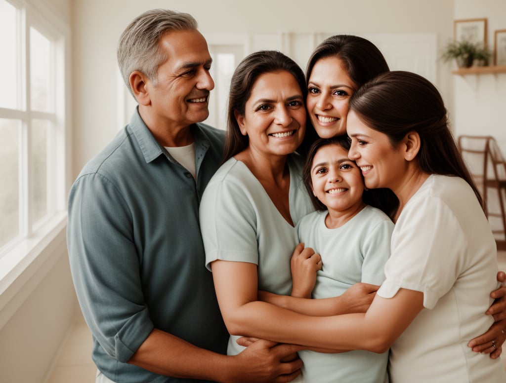 High-definition frame captures a stunningly realistic portrait of a Mexican family's gathering. In the center, the loving grandparents stand tall, gazing directly at the camera with warm smiles. Behind them, their sons and their wives stand united on the right side, while daughters and their husbands flank the left. The grandchildren, beaming with joy, sit in front, creating a sense of togetherness. Soft, golden lighting bathes the scene, accentuating the family's love and connection.