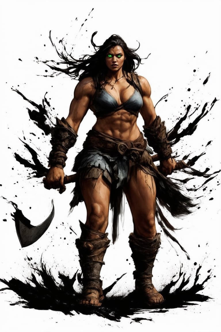 A fierce Amazon warrior stands victorious amidst a scattered arrangement of bleached white bones, her powerful grip on the heavy battle-ax radiating strength. Her bronzed skin glistens with sweat as she surveys the aftermath of her conquest, her piercing green eyes flashing with triumph. The rugged terrain and weathered bones serve as a stark backdrop to her imposing figure,illustration,Ink splashes, bold lines, dynamic poses,douqi,